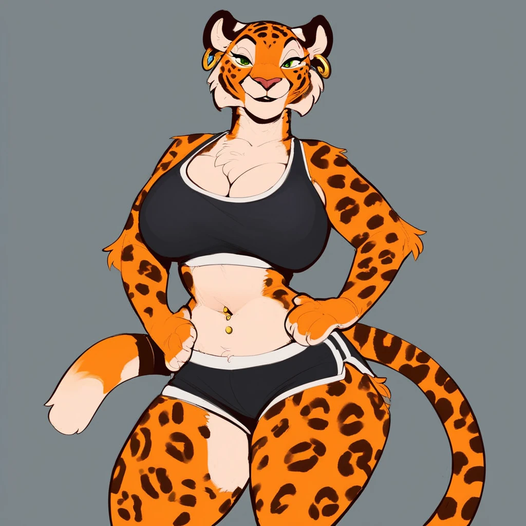 By bebebebebe, by lostgoose, by goonie-san, solo, snout, ears, (muscular), smiling, happy, ((curvy)), female, plump breasts, (adult, mature), crop top, (cat tail), (pussy floss), feline, hair, brown tabby cat