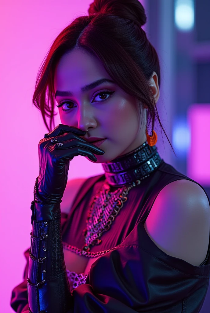 A beautiful girl is DJing at a nightclub filled with colorful neon lights. She wears large headphones on one ear and focuses intently on the turntable in front of her, skillfully adjusting the music. She is dressed stylishly in a black crop top and tight leather pants, paired with high boots that add an edgy touch. Her hair is tied in a high ponytail, and she wears sunglasses reflecting the club's lights. In the background, a large LED wall displays the words 'R-Jm Music' in bold, glittering font. The audience in front of her looks excited, with their hands up, following the energetic beat of the music. The club's atmosphere is vibrant and full of energy, with light effects and smoke adding to the lively party scene