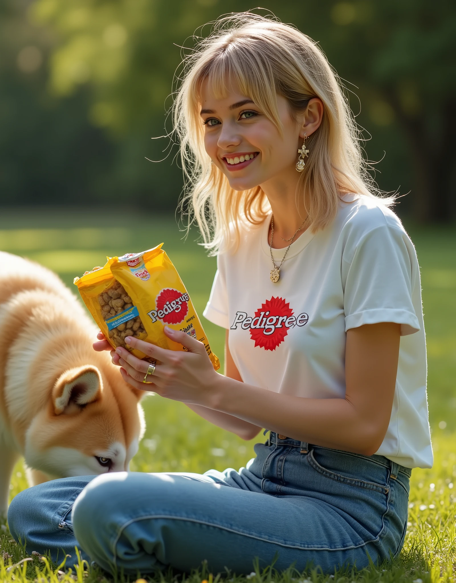 CM poster, Side view, full body, sitting knee ,(both hands is holding 1 colorful package big dry food of dog, maker of Pedigree with dog picture), dog eat dog food on lawn ground, looking at camera, American girls 20-age , American next fashion model and actress, (light golden middle hair, straight hair, fringe, cute face, intellectual face, beautiful blue eye, natural make, big smile, cross design earring and neck less), (big breasts, middle hip), (White T shirt with Pedigree logo mark , blue denim pant), near pretty Japanese Akita dog, cinematic lighting ,(masterpiece, Best Quality, high resolution on down, Realistic, sharp, RAW photos from the last century, wallpaper, perfection, Professional Lighting, very detailed)