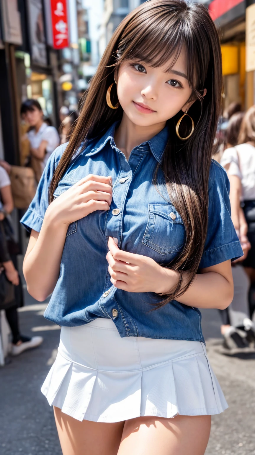 Masterpiece,Product quality, beautiful Japanese woman, cowboy shot, FRONT MAP ,( emphasizes thigh to knee ), young and Japanese girl ,20 years old,Intermediate body type ,( Well-balanced :1.3),Harajuku,( crowded streets :1.4),( stylish blue shirt :1.5),wear,Stylish Bags, fashion necklace , stylish earrings ,(( white super short :1.5)),wear, beautiful faces, cute type,baby face, Slightly round face, glossy lips, double eyelids ,( Natural Cosmetics ), I have double eyelids on both eyes ,,, light brown long hair ,Beautiful Bangs, asymmetrical bang ,【 imaging center, 8k resolution, Attention to Details , Detailed hairstyle , detailed face,Cinema Lighting, octane rendering ,( COMPLETE :1.3), ultra-realistic , Perfect Limbs ,( Detailed Fingers :1.5),( Beautiful Legs, my thighs are thick ,),( Model Poses:1.3)