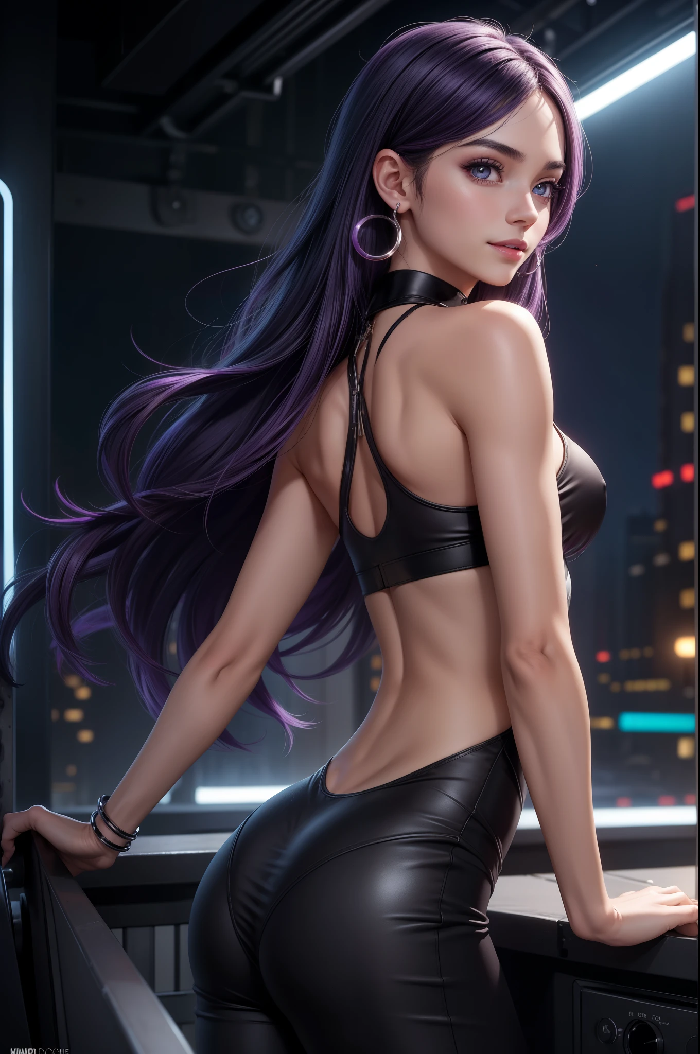 (table top, highest quality:1.2), 1 girl, alone,( dynamic angle,:1.1) mature, 100facehassan, destiny, (dark gray skin:1.2), blue eyes, long hair, purple hair, ponytail, big lips, blank expression, gold jewelry, big breasts, pants, Tight, belly button, abs, hoop earrings, halter neck, Dark background, background、realistic, Plump buttocks, slender body, Tightウエスト, from low behind 5meters, lingerie sweat
