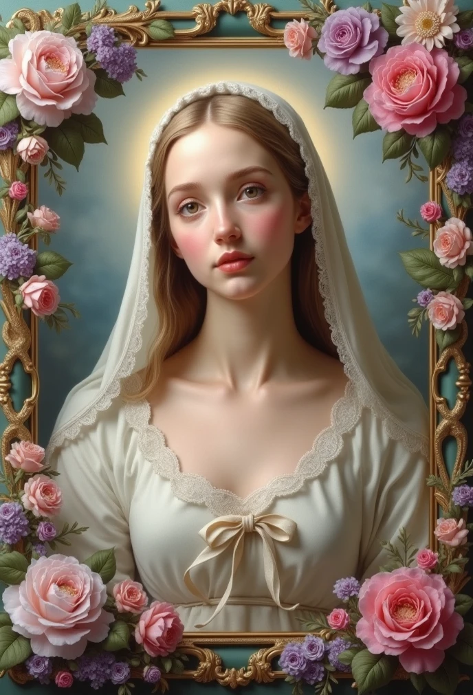 "A masterpiece of painting depicting the Virgin Mary, 35, holding a delicate rose in her right hand, with her soft gaze turned over her left shoulder. The painting is highly detailed and has perfectly balanced lighting and shadows, with a delicacy and gracefulness that conveys a sense of peace and tranquility."