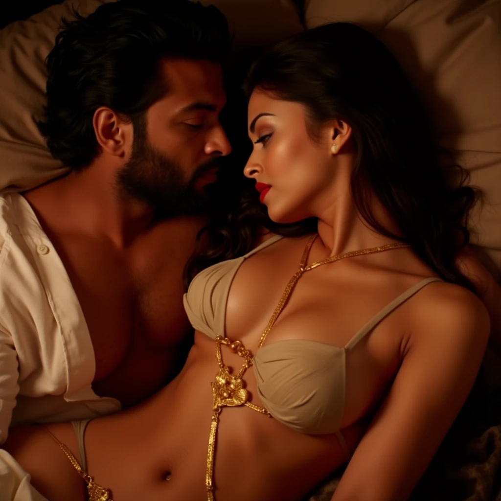Beautiful princess in indian red gold plated lahenga, necklace, jewelry, hair accessories sleeping with an ancient indian handsome king in Dhoti and no upper garment, ancient indian male jewelry and neck length hair with ancient indian male hair accessories