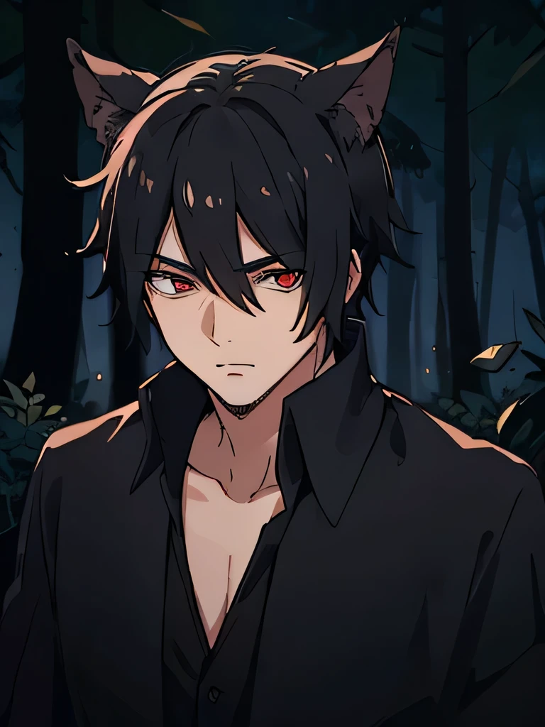 old male, indonesian , love to be alone , cowo cool, Ambitious , low sense of empathy, black hair , red eyeballs , using a black shirt and a black blazer, strong , forest background , have canines, lazy eye, wearing a black robe, has bat ears