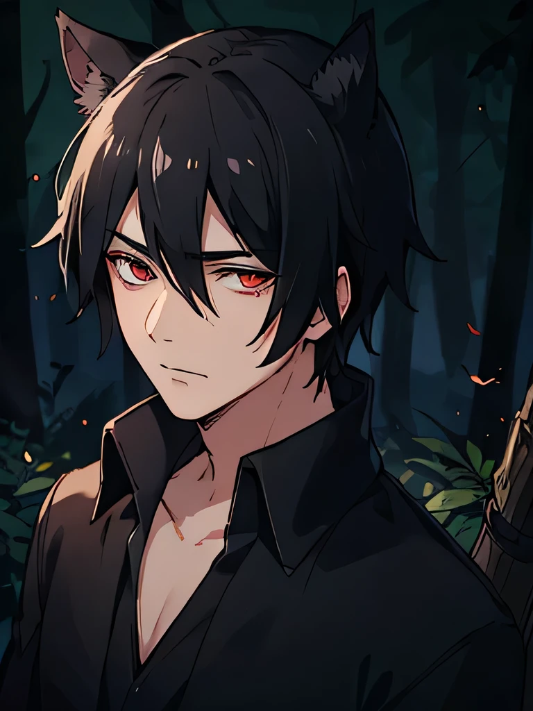 old male, indonesian , love to be alone , cowo cool, Ambitious , low sense of empathy, black hair , red eyeballs , using a black shirt and a black blazer, strong , forest background , have canines, lazy eye, wearing a black robe, has bat ears
