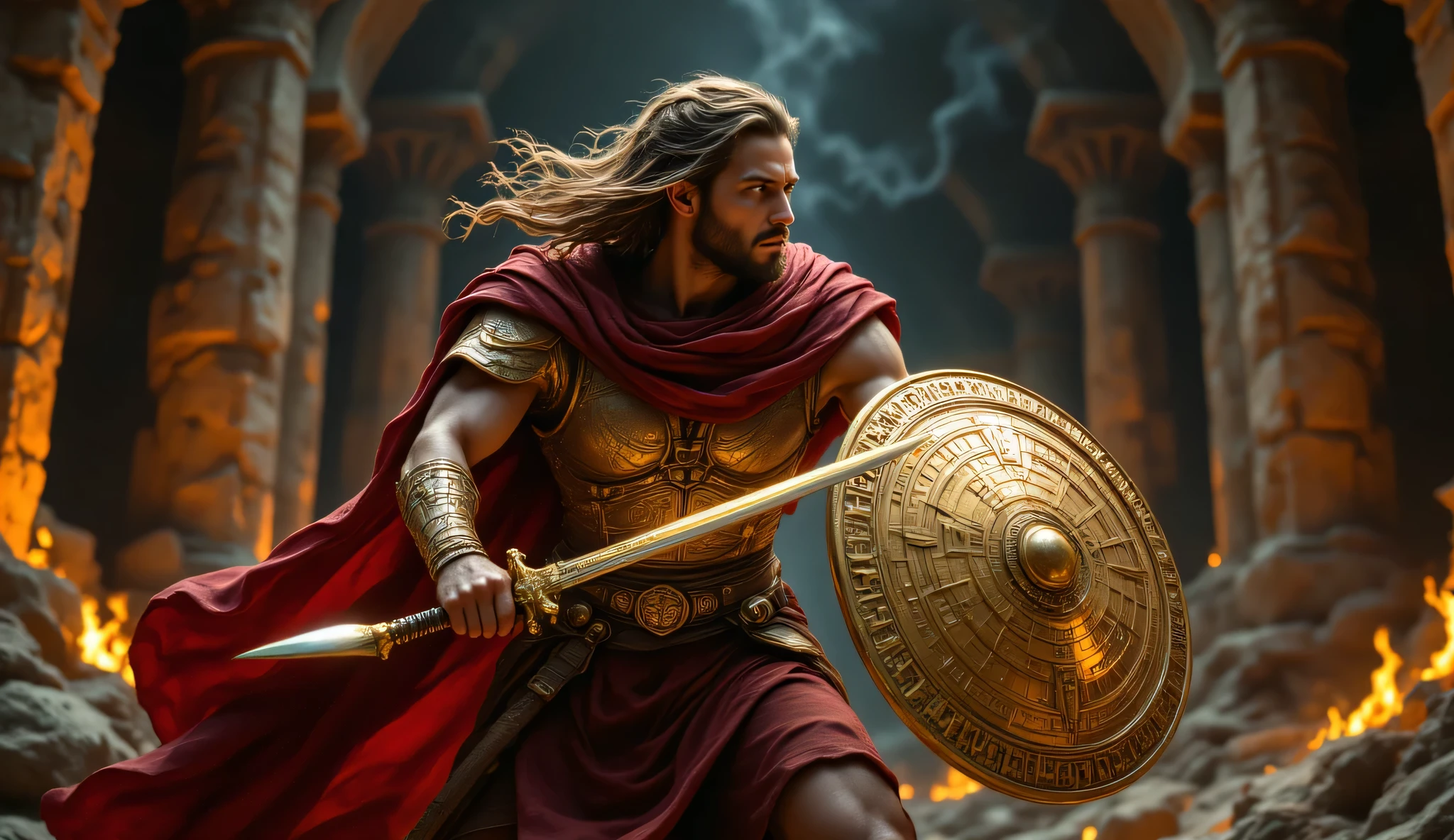 Perseus in an attacking pose while holding a gold sword and very glossy gold shield, Perseus have long hair, wears typical ancient Greek gold armor, red robes, without accessories on head. The background is a dark cave full of bones which is illuminated by torches on the walls. Kodak Vision3 500T