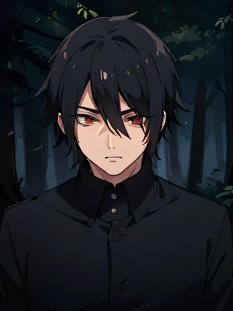 old male, indonesian , love to be alone , cowo cool, Ambitious , low sense of empathy, black hair , red eyeballs , using a black shirt and a black blazer, strong , forest background , have canines, lazy eye