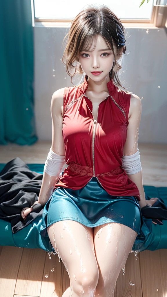 (top-quality,8K picture quality,masterpiece:1.3,hight resolution,masutepiece:1.2), Detained women, Looking at the camera,(Red Santa Costume,santa hat,Super mini skirt with slit,Stockings,a choker,long boots:1.2),(Bold pose with legs open:1.4),(short-hair,a blond),Bondage Fashion,Tears,red blush,Depressed,(wetted skin),Bright red Hitomi,(View from below:1.4),(luxury torture chamber:1.3),(SUI_Back),Bottomless,Abrola Prisoner,ripped clothing,See-through clothing,The world of Edogawa Ranpo,World of Dampirok,The World of the Marquis de Sade,(Nipples are visible through the costume,I can see my panties),Slender Abs:1.2,(Young gravure idols, Young skinny gravure idol, sophisticated gravure idol),(detailed flawless face),normal hands,Normal finger,Normal legs