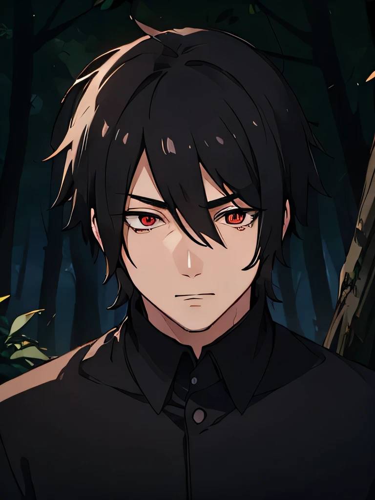old male, indonesian , love to be alone , cowo cool, Ambitious , low sense of empathy, black hair , red eyeballs , using a black shirt and a black blazer, strong , forest background , have canines, lazy eye