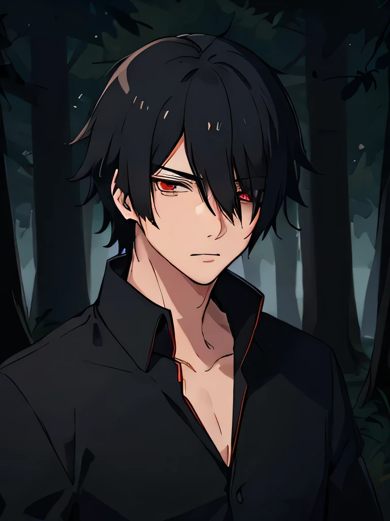 old male, indonesian , love to be alone , cowo cool, Ambitious , low sense of empathy, black hair , red eyeballs , using a black shirt and a black blazer, strong , forest background , have canines, lazy eye