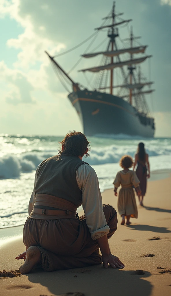 Describe the scene of Noah's Ark with Noah and his family during the flood, highlighting their expressive faces as they care for the animals on board."
