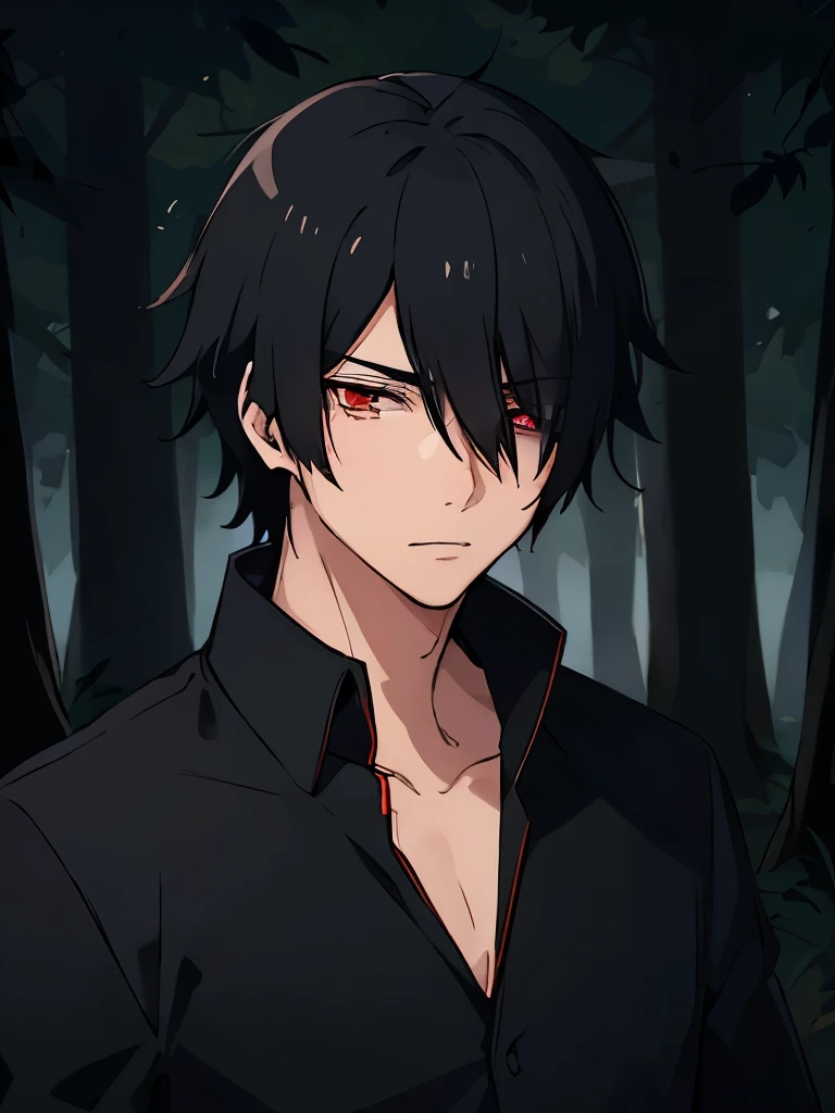 old male, indonesian , love to be alone , cowo cool, Ambitious , low sense of empathy, black hair , red eyeballs , using a black shirt and a black blazer, strong , forest background , have canines, lazy eye