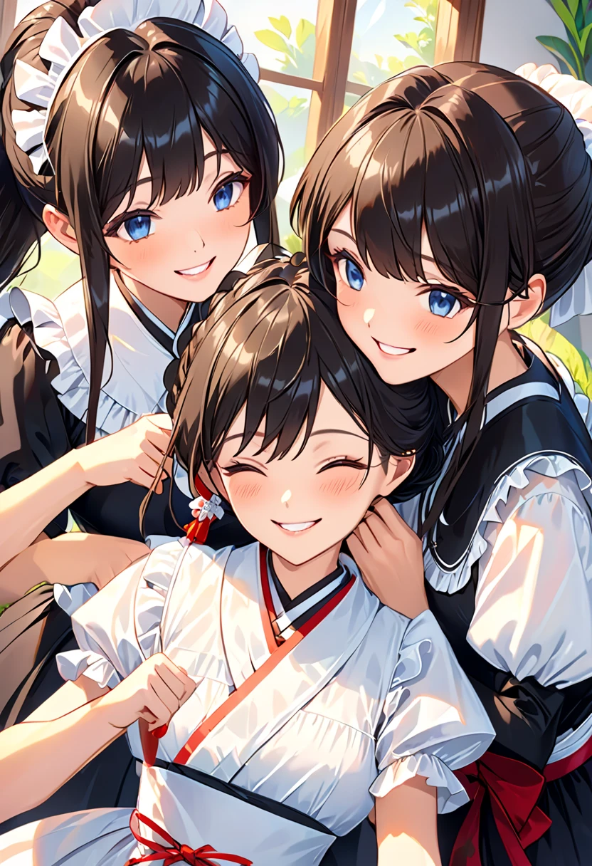 Two s are helping the maid and the maid lady comb their hair。The noble lady is smiling happily。, Maid's cousin maids will do anything with love and devotion , maids are very happy to take care of their male masters,