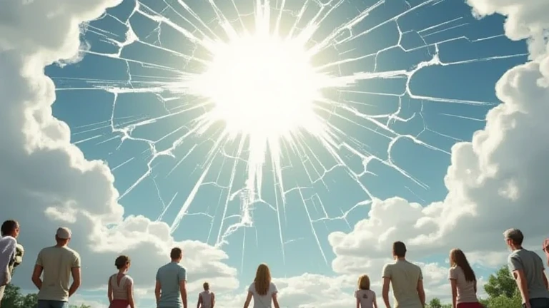 At daylight noon a group of people look to the sky in awe, a cracked sky, 3D blender, caricature, anime