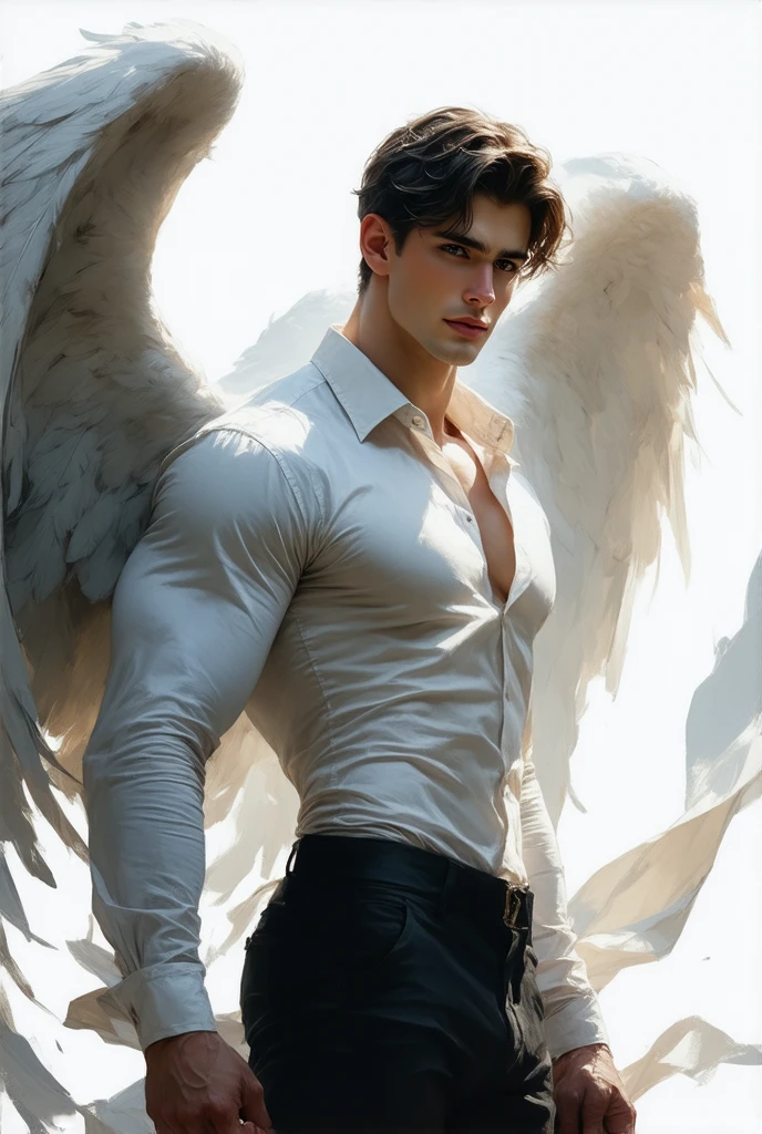 Describir en detalle la figura de un hombre, Archangel with angelic features turned completely to the left. torso denudo, grandes musculos, Como el pelo blanco, largo y liso, Las alas blancas y angelicales en su espalda, as well as its extremely striking beauty, encanto, The elegance and the angelic feeling that emanates from it. Imagine it on a stage with a white background, bathed in a radiant light, and explores how these elements combine to create a captivating, heavenly image.. (Hombre)