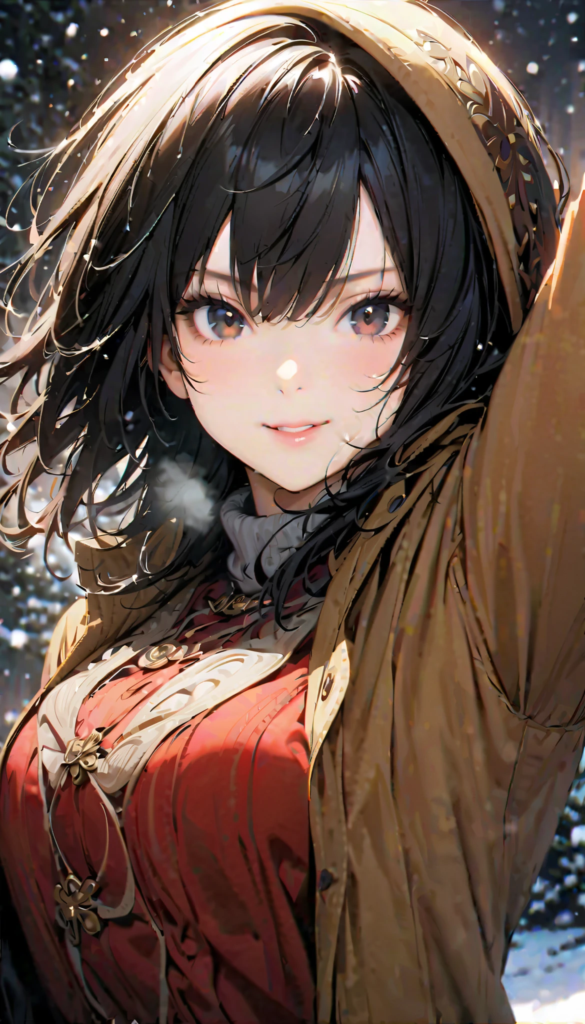( best quality :1.2, very detailed, Latest, lively, Masterpiece :1.2, best quality , Aesthetics at its best) , Face Up Shot, ((( very detailed目と顔))), Official Art, 8k Ultra HD, very detailed, Delicate and dynamic, blurred background , Hiku Snow Scenery , there's snow on the ground, it's snowing, Falling Snow, winter, The World of Silver, Diffuse reflection of light, is dazzling, one woman, 2.5D, smile, black eyes, black hair, young, Fluffy winter clothes, Get excited, dynamic pose, dynamic angle, Realistic, her breath is white