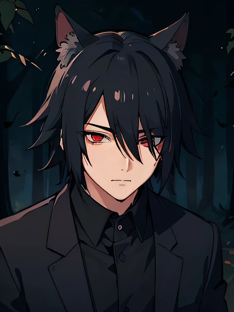 old male, indonesian , love to be alone , cowo cool, Ambitious , low sense of empathy, black hair , red eyeballs , using a black camshirt and black blazer, strong , forest background , have canines, lazy eye, hair covering one of the eyes , has bat ears