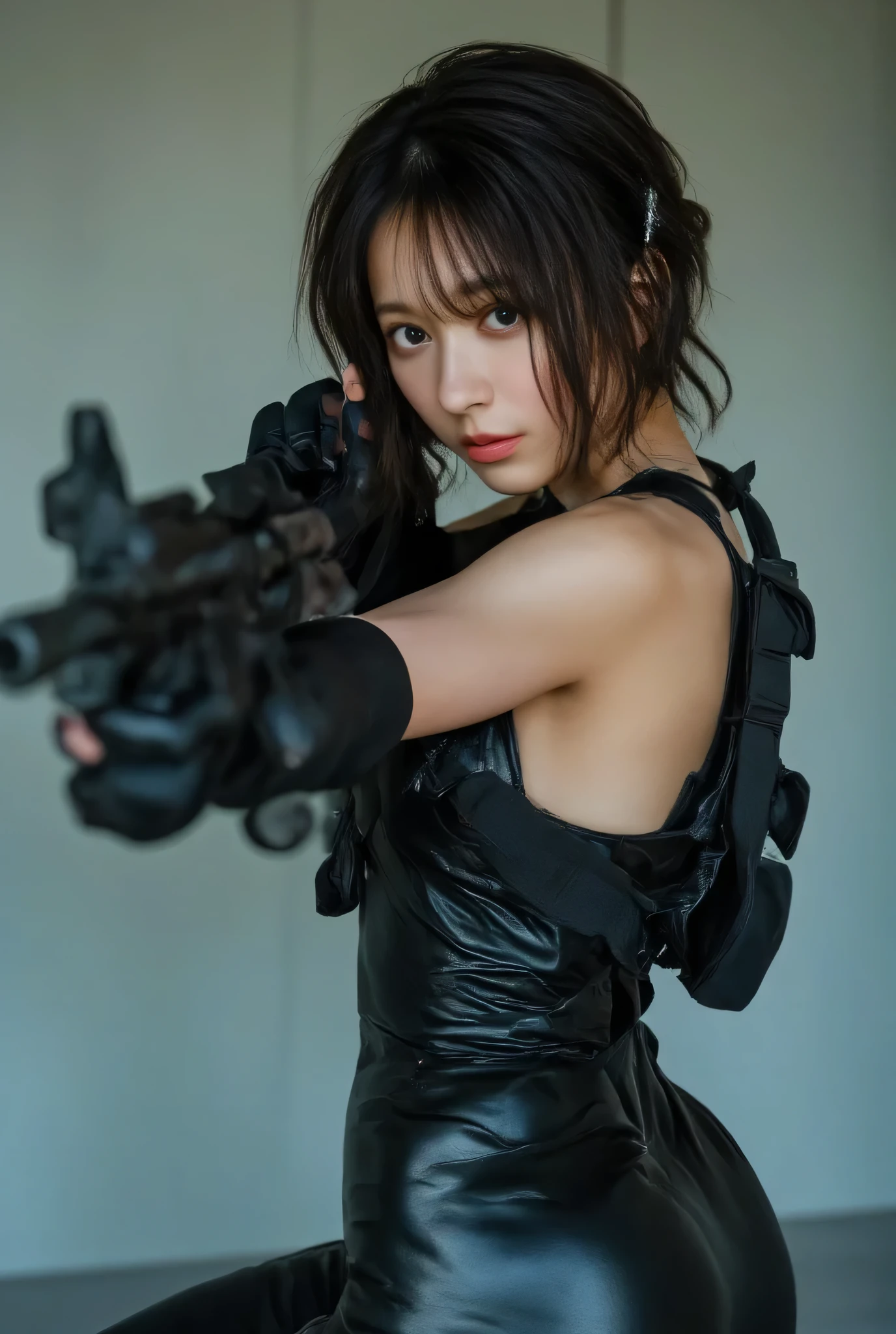 (((Super high leg bodysuit in the style of a SWAT unit from the near future:2.0))),((Shiny ultra high leg leotard :1.5)),cami style ,(( tight latex high leg leotard that fits the body)),(( wear a military jacket with an open front over a leotard :1.9)),((ear monitor:1.5)),(((Tactical Holster:1.5))),( gloves:1.5),( one woman), cute face,Beautiful well-balanced face ,( 20 year old Japanese woman), ( Glamorous Shots of Japanese Women ),( Slender Beautiful Body :1.5),( model body type),(( big breasts:1.5)),( Accurate Depiction of Natural Nipples ),(firm nipples ),(((Bare thighs:1.8))),((Voluptuous thighs:1.5)),( delicate body:2.0),((Very sensual:1.5)),(Hold a futuristic laser gun:2.0),,(( perfect body line)),(( Ideal Proportions )), realistic skin texture,( natural big breasted :1.5),( black hair:1.5),( beautiful eyes:1.3),((whole body)),(( Shrimp:1.5)), crotch penetration,(( super high leg )),A harmonious posture,(((masterpiece:2.0))),( best quality :1.5),( high resolution:1.5),(UHD:1.5),( movie lights:1.5),( Delicate Depiction),((( carefully depicts limbs based on perfect anatomy :2.0)),( carefully drawn with butterfly wings ))),32K, chicken, Ultra Details,((超 high resolution)), Draw eyelashes carefully, ( very detailed face:1.5),((Highly detailed female hand:1.8)),(Blade Runner Style Night Town:1.5),( Dark cyberpunk atmosphere :1.5),((( blurry background:1.5))),(Sexy appearance:1.5)