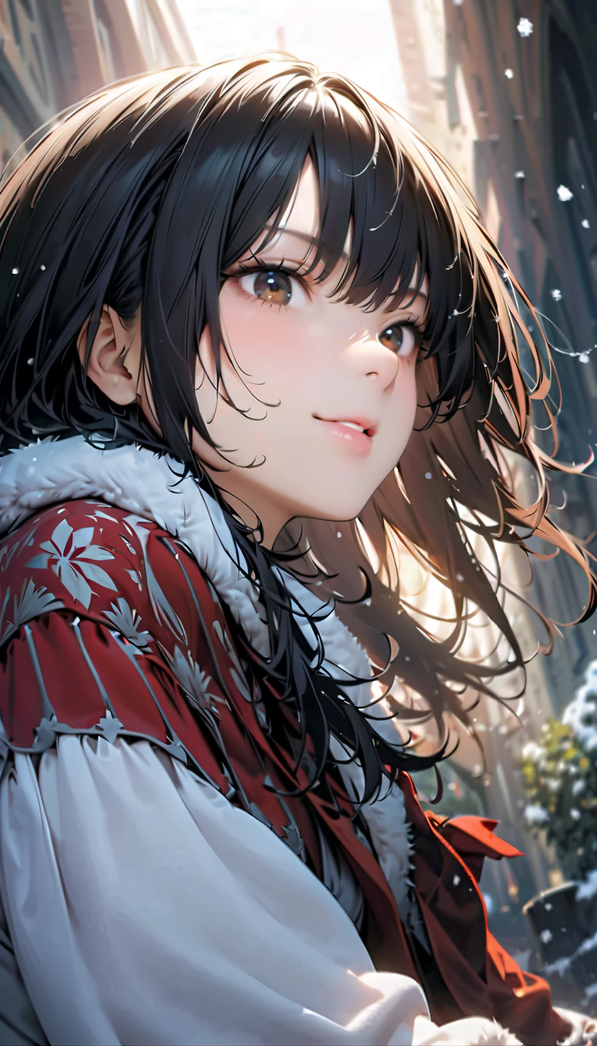 ( best quality :1.2, very detailed, Latest, lively, Masterpiece :1.2, best quality , Aesthetics at its best) , Face Up Shot, ((( very detailed目と顔))), Official Art, 8k Ultra HD, very detailed, Delicate and dynamic, blurred background , Hiku Snow Scenery , there's snow on the ground, it's snowing, Falling Snow, winter, The World of Silver, Diffuse reflection of light, is dazzling, one woman, 2.5D, smile, black eyes, black hair, young, Fluffy winter clothes, Get excited, dynamic pose, dynamic angle, Realistic, her breath is white