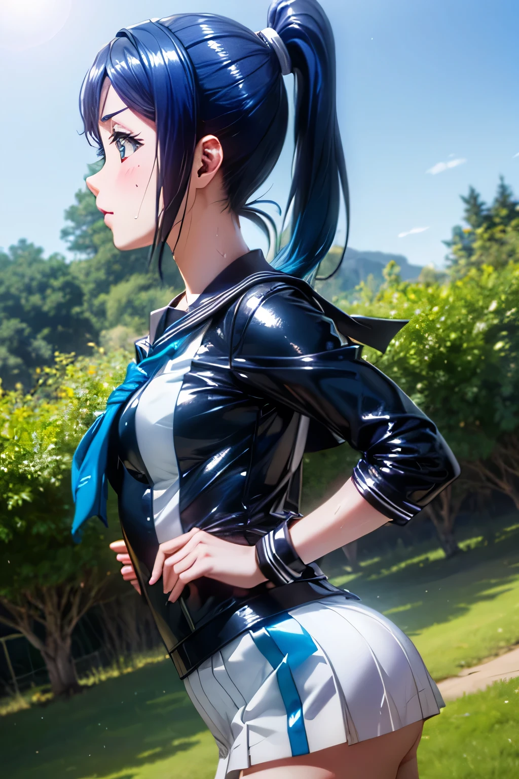 masterpiece, best quality, <lora:suzuhara:1>, 1girl, solo,hat, brown hair, ass, bodysuit, long hair, brown eyes, blush, looking back, from behind, looking at viewer, skin tight,sitting, boots