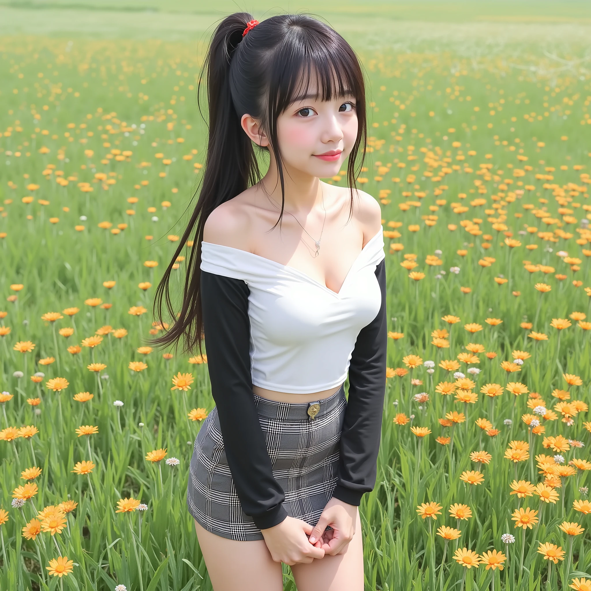 anime, Masterpiece, nsfw,8k,( tidy 1 Girl  ,  slender body,  short body, flat chest,Narrow shoulders width, Wide pelvis,  Small Ass,   thick curvy thighs , taken from below   ),(yo Japanese girl  ,  154 cm tall   ,pale skin), top of head,Knees, ((head tilt)),cool smiling, standing with v on mouth,black hair, straight short ponytail with bangs ,( beautiful faces,  super cool face ,small eyes, hazel eyes  ),

   wearing a long sleeve deep-v-neck tight t-shirt  , Sleeves are black, Body is white, off shoulder,gray houndstooth tight mini skirt,on grass of light-orange color flowers,sunny day

85mm  ,  Official AR RAW photos ,(  realistic,  more details ),   top quality,    chromatic aberration is anatomically correct  ,     Textured Skin
