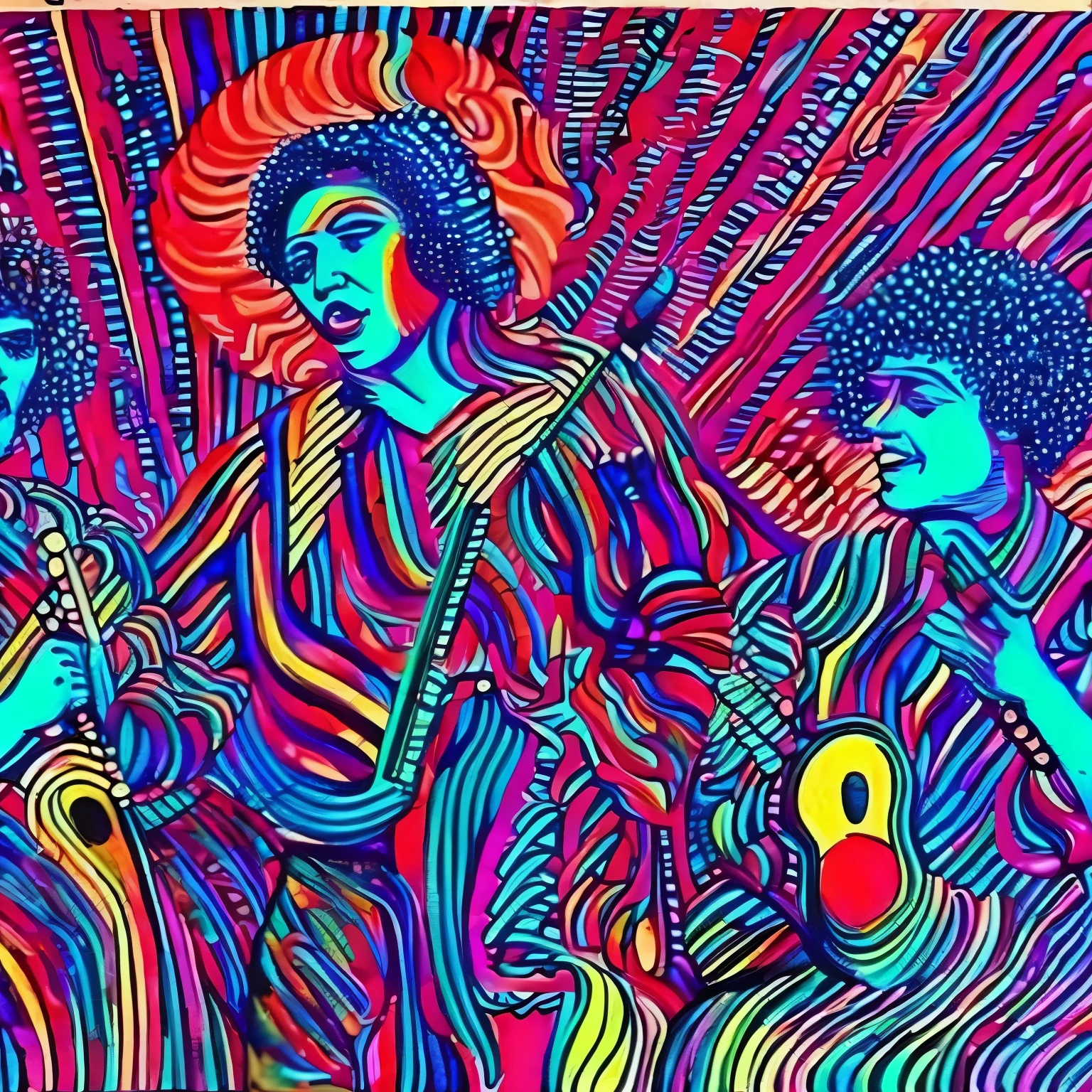 Drawing, musicians and singer on stage, psychedelic, retro, style 1970 , 