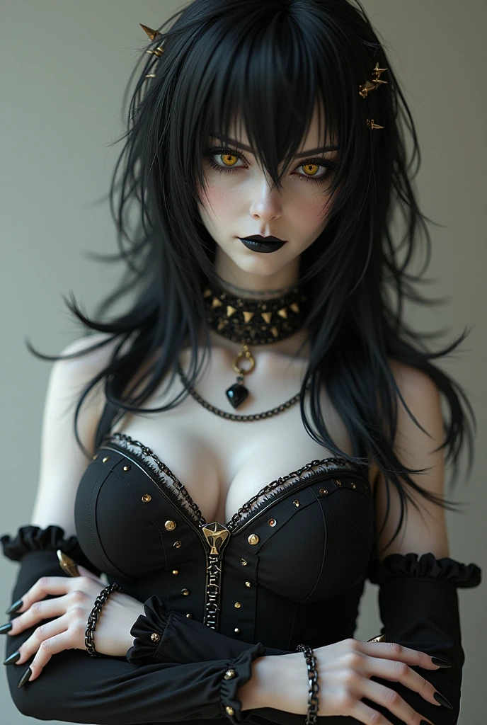 (Furry goth girl) with a seductive gaze, showcasing intricate fur patterns on her face and captivating eyes, smooth legs, high heels. She confidently wears a spiked collar and embraces her dominatrix persona in a revealing cosplay outfit, exposed cleavage exposed navel. Ear piercings complement her overall daring look.