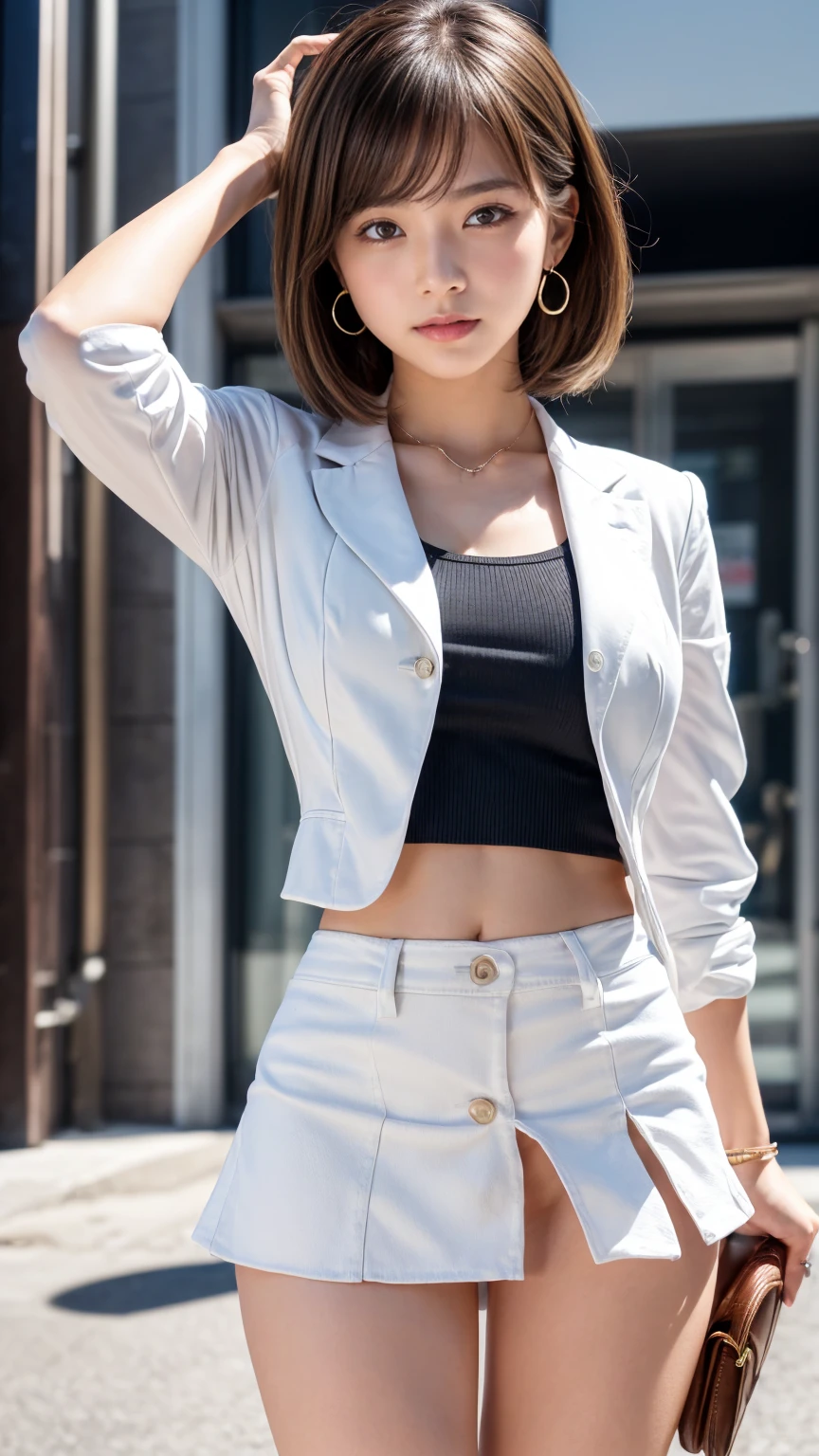 (8k, best quality, masterpiece:1,2), (realistic, photo-realistic:1,37), top quality, masterpiece, a beautiful woman, wear shirt for women crop v neck top white t-shirt korean fashion women's t-shirt with open tight gray color jacket, beautiful and toned body, cleavage, hair tied up, floral mini skirt, walking in the suburbs, dark background night, in shops with Korean-style shop lights, night atmosphere, slightly wet asphalt, seductive smiles with dimples,