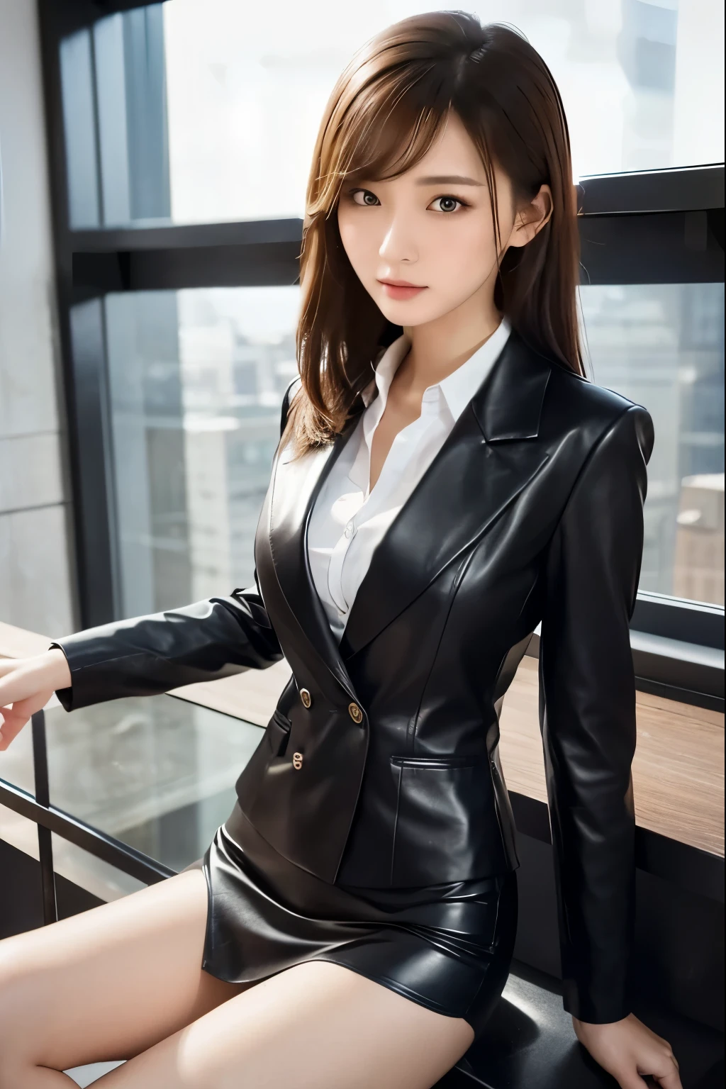 masterpiece、Highest quality、High resolution、Realistic、Beautiful Skin、Slim style、Long short hair、Full Body Shot、formal, bright dark blue、Leather business suit、Leather tight skirt、 (Detailed clothing features)