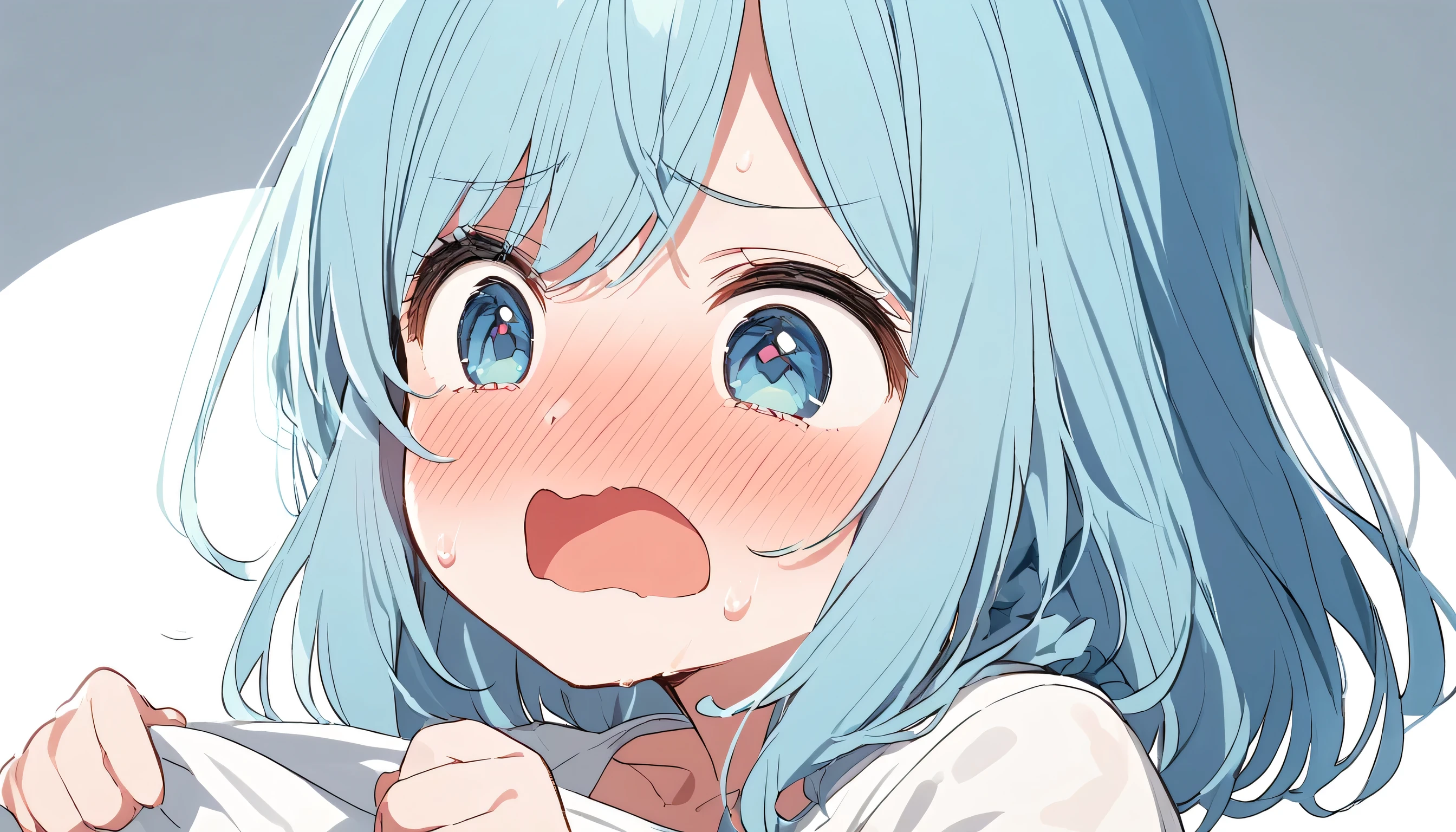 Anime girl with blue hair and blue eyes holding a white pillow - SeaArt AI