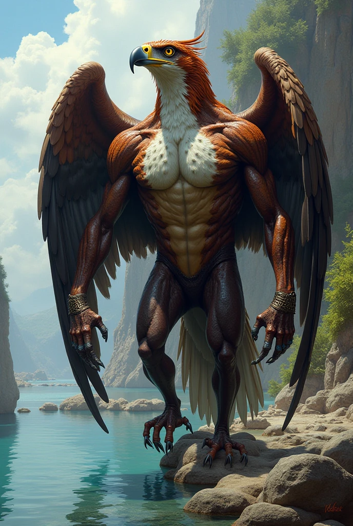 a bird with half a sturdy human body