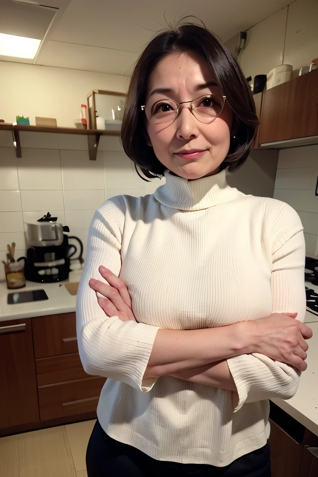 Solo.A woman standing in front of a dimly kitchen at night.She wears A thin red turtleneck sweater with a black bra showing through, A Beige short mini skirt with the thighs visible.She wears round glasses.High resolution, High level image quality, high detail, masterpiece, rough skin, anatomically correct, sharp, ((japanese mature, 47 years old)), solo, ((facial wrinkles)), good shape big breasts,, Chubby body type (((stand upright, facing the center of the screen.))), Looking at me,Super large udder,Angry expression. Crying expression.Has big breasts of J cup,cross her arms and stand,cross one's arms and stand,Classy women..((Best Quality:1.0)), (Photorealistic:1.3),(Raw photo),(Solo),Sharp Focus,finely detailed,High Quality, High Definition,japanese, 1 Middle Aged Woman,detailed face,(muscular:1.0), ,black short hair..Japanese mature, good shape big breasts,High resolution, High level image quality, high detail, masterpiece, rough skin, anatomically correct, sexy black pantyhose.perfect fingers.Bewitching expression on her face,maternal glance.looking at viewer.Seductive look.straight dark brown hair, with a bob cut that reaches just below the ears. The hair should be smooth and evenly cut, with no bangs. The character's hair should have a slight inward curve at the ends, giving it a soft, rounded appearance. It should look neat and simple, reflecting the hairstyle of Nobita’s mother, Tamako Nobi, from the Japanese cartoon Doraemon
