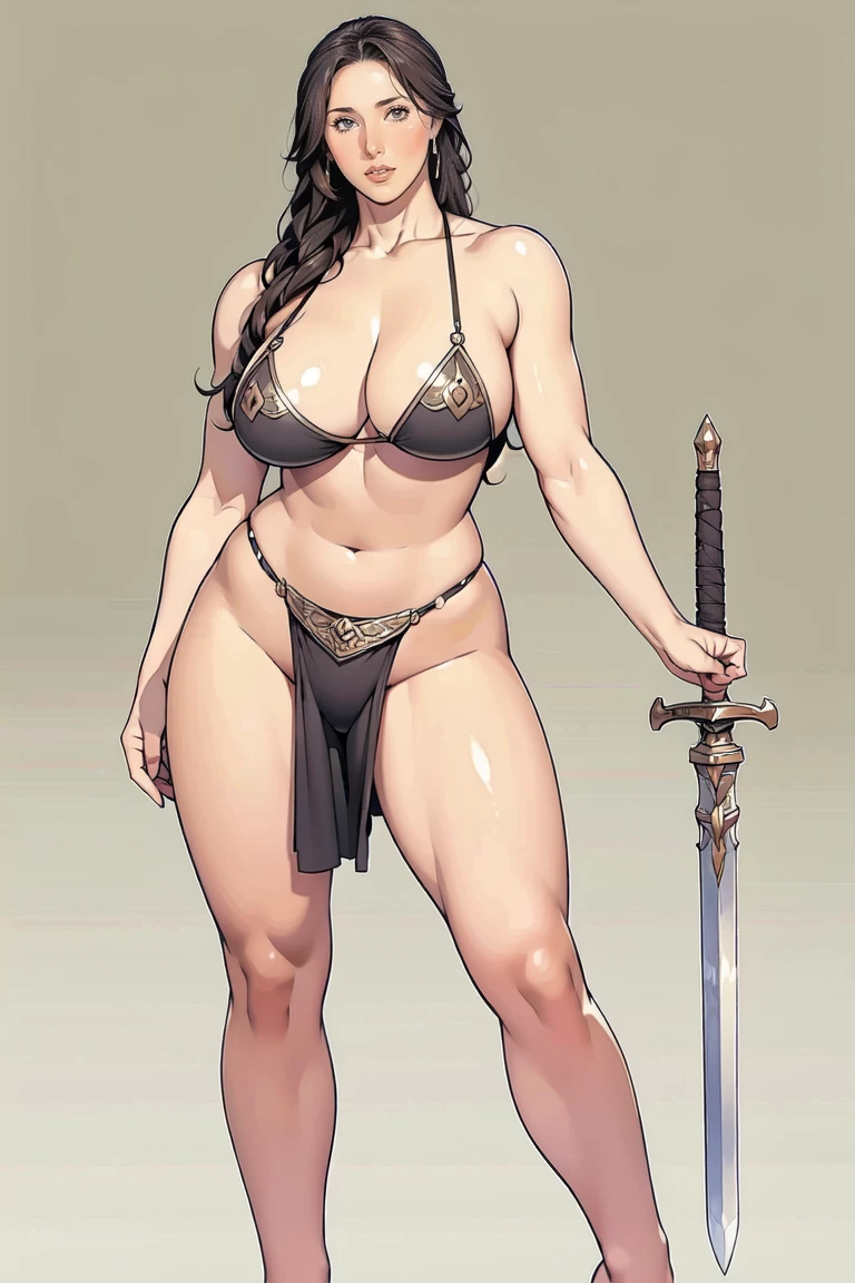 Black Hair、(Dwarven girl warrior stands with a big axe)、(Huge breasts)、(Underboob、Sideboob)、Blue metallic bikini、Camel toe、((Chibi、he is short)、glamorous、curve、Wide Hips、Thick thighs)、(NSFW)、(Many colorful jewels)、(Inside the cave)、(Giant Axe)