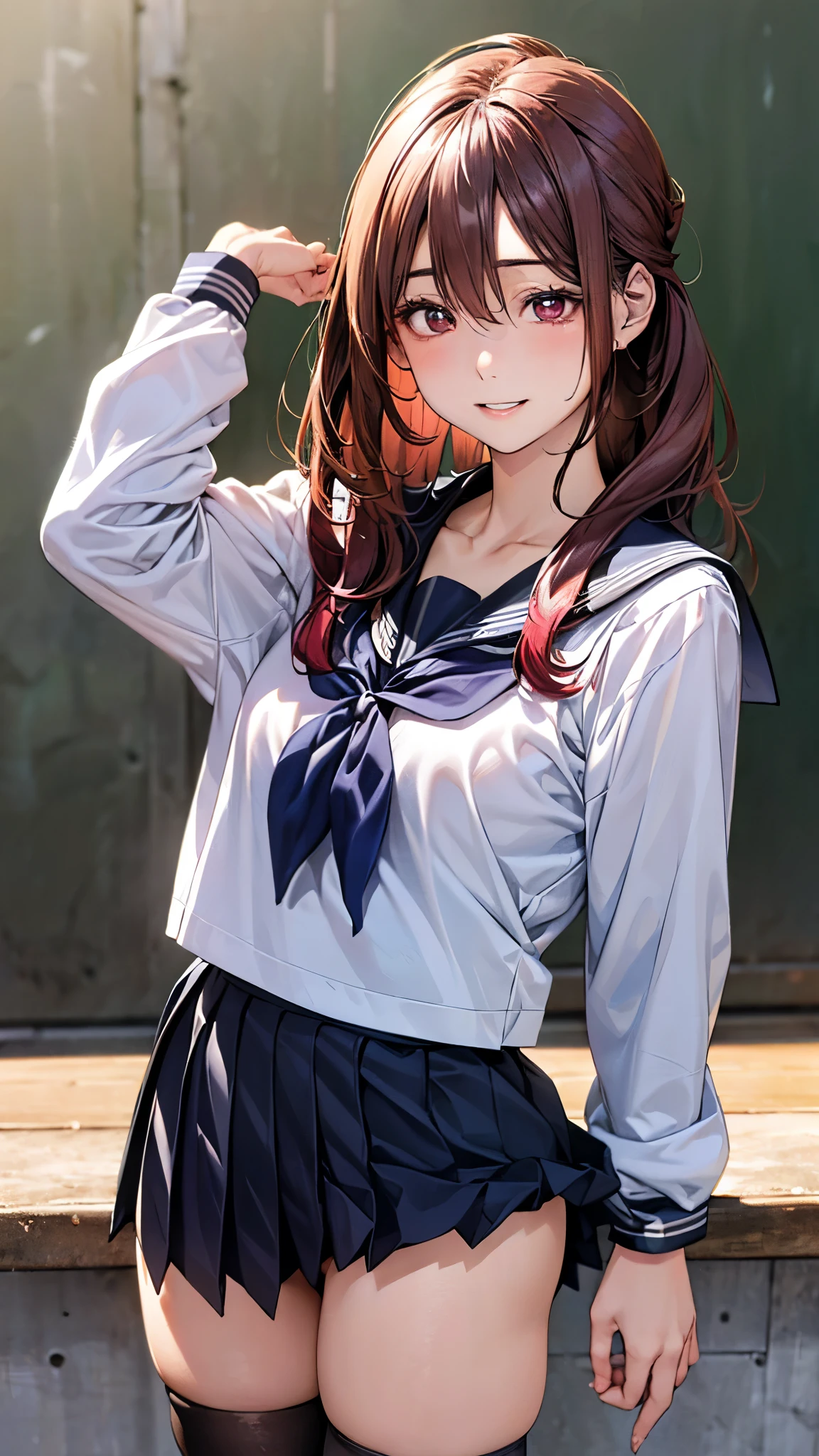 (masterpiece:1.3, top-quality, ultra high res, ultra detailed), (realistic, photorealistic:1.3), beautiful illustration, perfect lighting, natural lighting, colorful, depth of fields, 2024s, ,
beautiful detailed hair, beautiful detailed face, beautiful detailed eyes, (perfect anatomy, anatomically correct, super detailed skin), white skin, shiny skin,
looking at viewer, face focus, upper body, 1 girl girl, cute and symmetrical face, perfect face, perfect eyes, perfect body, babyface,e face:1.2, tiny,
(long hair, half updo, long sidelocks, burgundy hair), hair between eyes, brown eyes, big eyes, long eye lasher, (medium breasts, seductive thighs), slender,
(detailed cloth texture), break (red sailor scarf), break (winter clothes, long sleeves, black cute sailor suit:1.1, red lines, black sailor collar:1.1, black pleated skirt), break (white thigh-highs), break
(beautiful scenery), winter, evening, (school:1.4, blackboard), standing, (pose with movement), (lovely smile, upper eyes, parted lips),