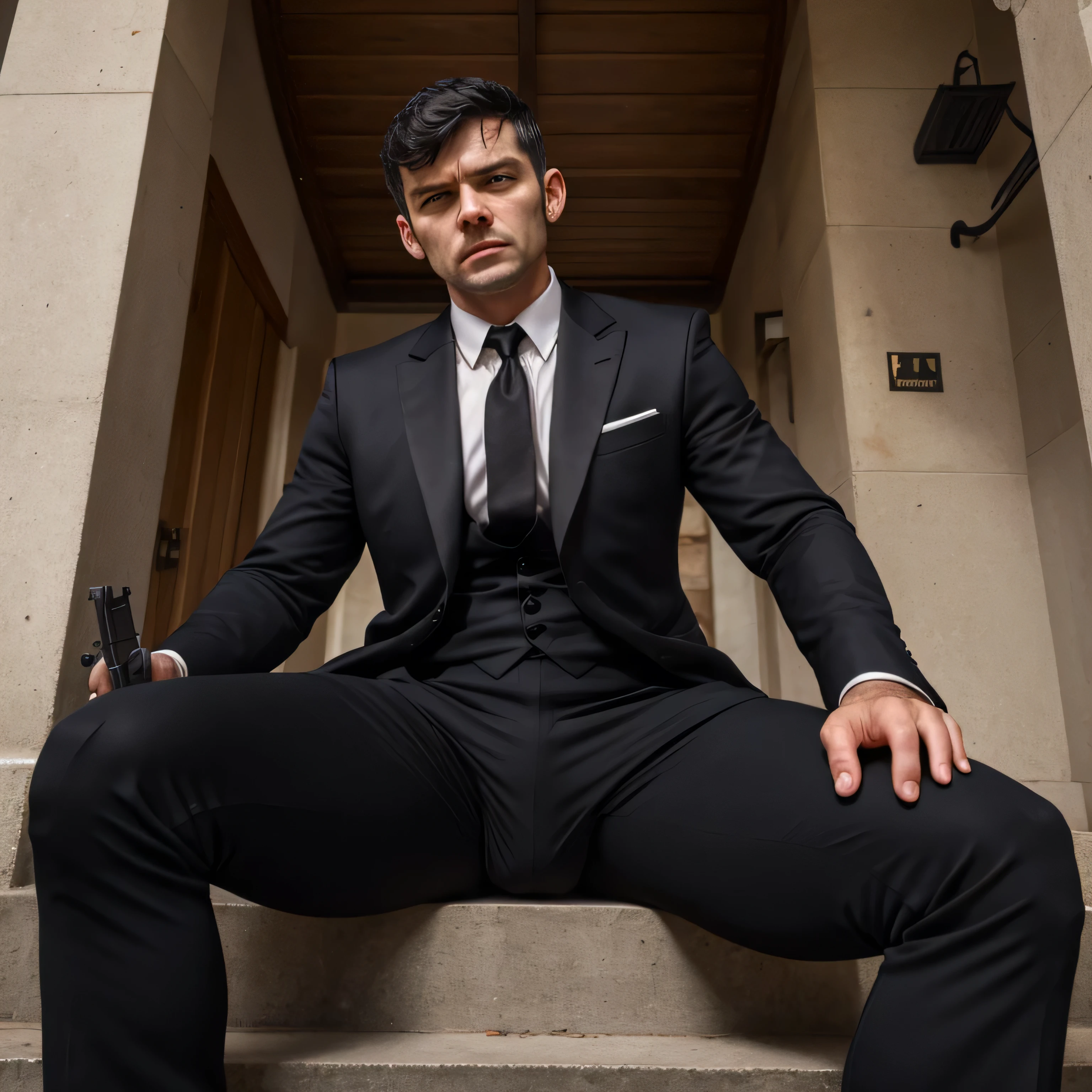 40 years old,One Man,、Handsome、Black bodysuit、Shocker Belt、tall、logic succulent、concrete　logic,Gay ,Very short hair。Sit on the ground with your legs spread in an M shape、The crotch area of the pants is bulging、Black socks　Showing off the soles of your feet　Screaming and suffering face