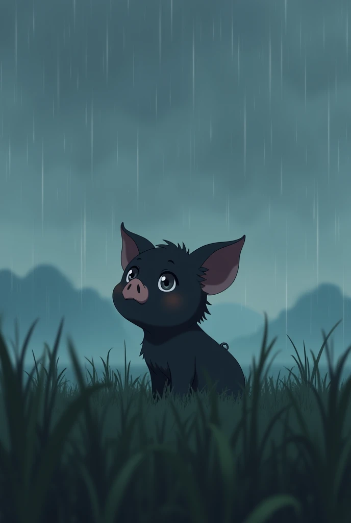 A black anime style piglet singing sadly in the cloudy and rainy field