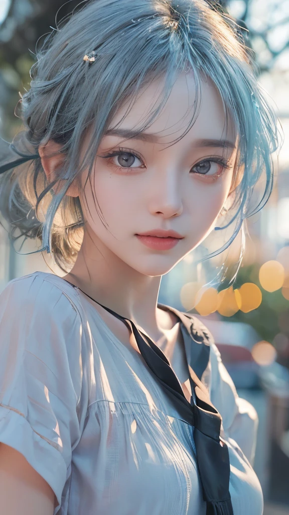Masterpiece,  tell me about 1 beautiful girl ,  detailed eyes,  eyes swollen ,  Typhoko, super  high resolution, ( realism: 1.4),   Original Pictures ,  Cinematic Lighting,  Japanese ,  so beautiful,  Beautiful skin, slender, ( surreal), ( high resolution), (8k), ( very detailed), (beautifully  detailed eyes), ( very detailed), ( ( detailed face),  Audience ,  very smiling,  and looking straight ahead,  black eyes, Forward facing body, bright street tree ,  tea hair,  shortcut ,  street tree in background ,  pretty light blue Y shirt,