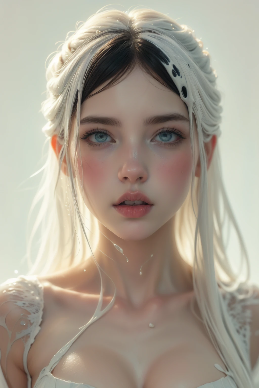 1girl, white hair, blue eyes, wearing white lace, detailed face and eyes, beautiful girl, delicate features, porcelain skin, angelic, serene expression, soft lighting, chiaroscuro, ethereal, highly detailed, intricate details, photorealistic, (best quality,4k,8k,highres,masterpiece:1.2),ultra-detailed,(realistic,photorealistic,photo-realistic:1.37)