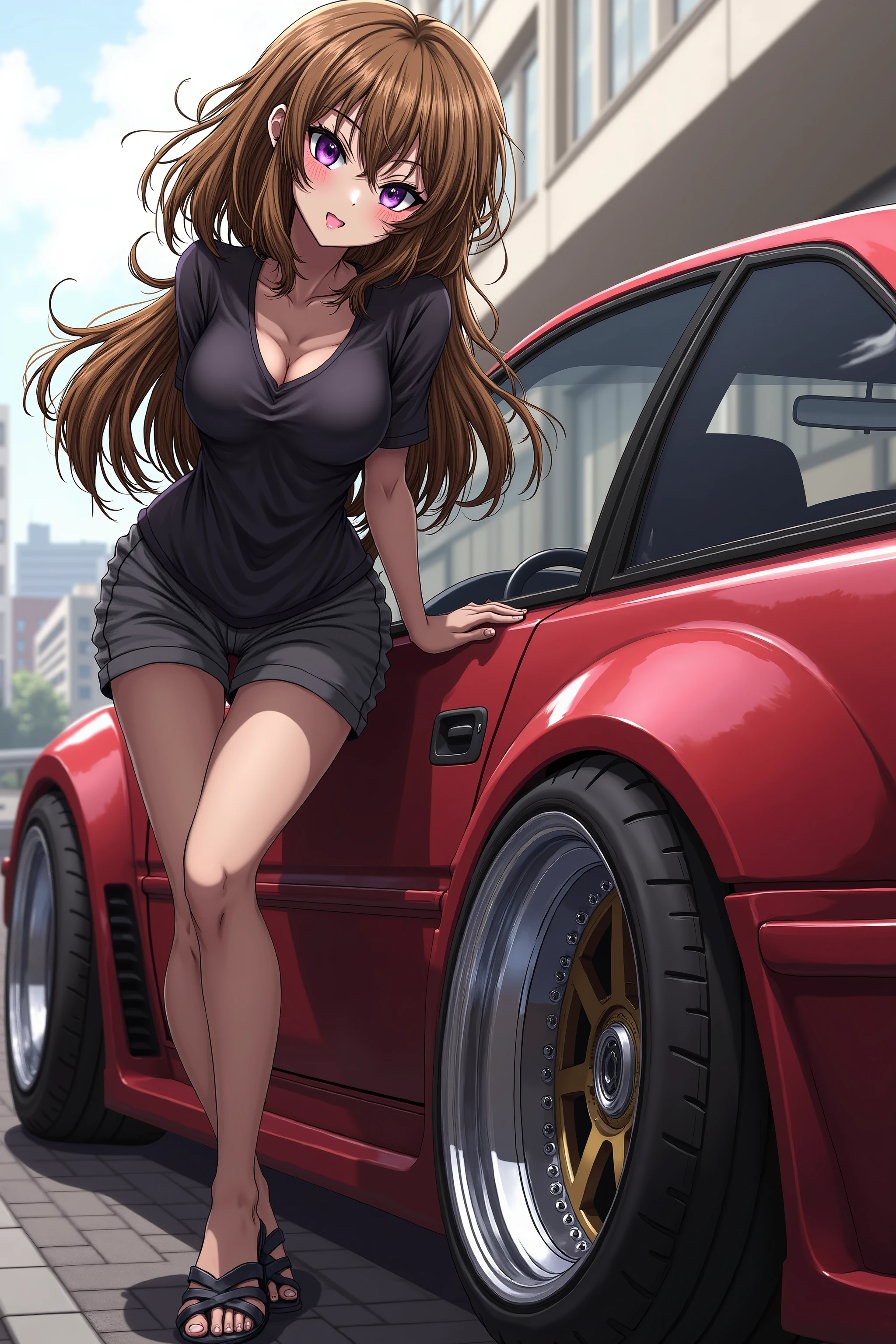 A beautiful woman is standing next to a tuned 180SX、 Wide Body Kit 、deep rim aluminum wheel、positive camber、JDM、 Ultra Wide Angle,  glossy brown skin 、 anime 、 top quality,  movie light effect, STANCE Nation 、