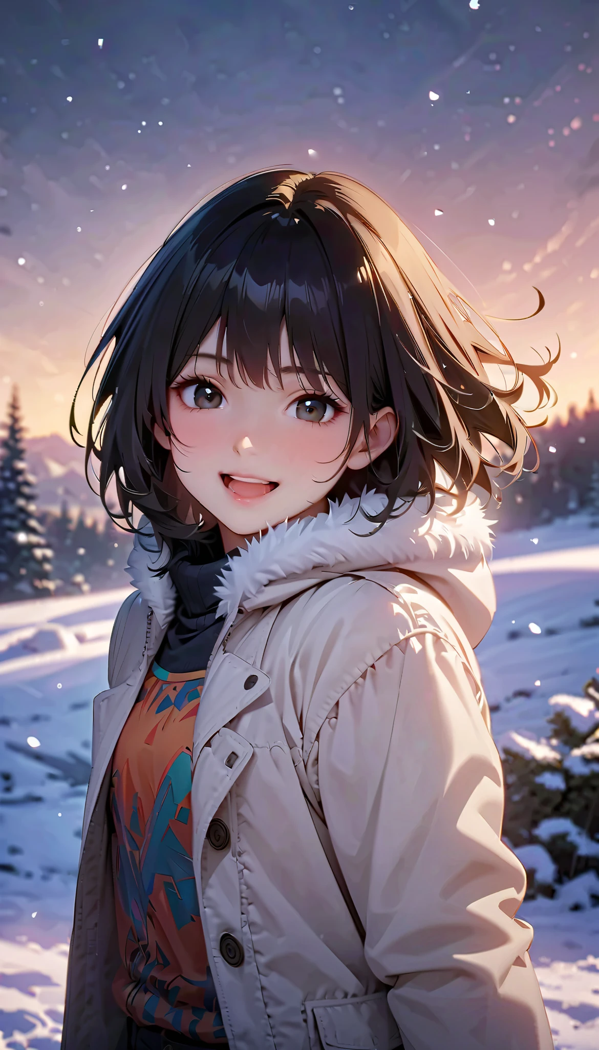 ( best quality :1.2,  very detailed, Latest,  lively,  Masterpiece :1.2,  best quality , Aesthetics at its best) , Face Up Shot, ((( very detailed目と顔))),  Official Art,  8k Ultra HD,  very detailed, Delicate and dynamic,  blurred background , Hiku Snow Scenery , there's snow on the ground,  it's snowing, Falling Snow, winter,  The World of Silver, Diffuse reflection of light,  is dazzling,  one woman, 2.5D, smile,  black eyes,  black hair,  short,  pees on a very young ,  flat chest, Fluffy winter clothes, Get excited,  dynamic pose,  dynamic angle, Realistic, her breath is white