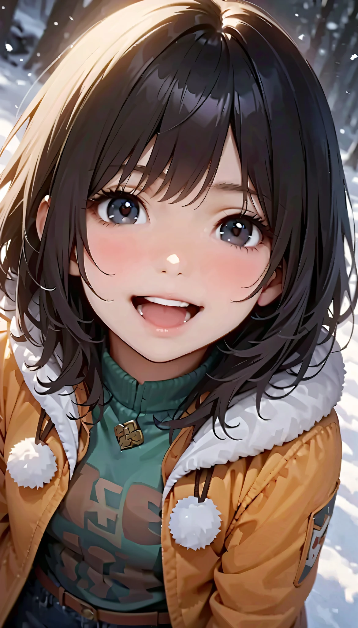 ( best quality :1.2, very detailed, Latest, lively, Masterpiece :1.2, best quality , Aesthetics at its best) , Face Up Shot, ((( very detailed目と顔))), Official Art, 8k Ultra HD, very detailed, Delicate and dynamic, blurred background , Hiku Snow Scenery , there's snow on the ground, it's snowing, Falling Snow, winter, The World of Silver, Diffuse reflection of light, is dazzling, one woman, 2.5D, smile, black eyes, black hair, short, pees on a very young , flat chest, Fluffy winter clothes, Get excited, dynamic pose, dynamic angle, Realistic, her breath is white
