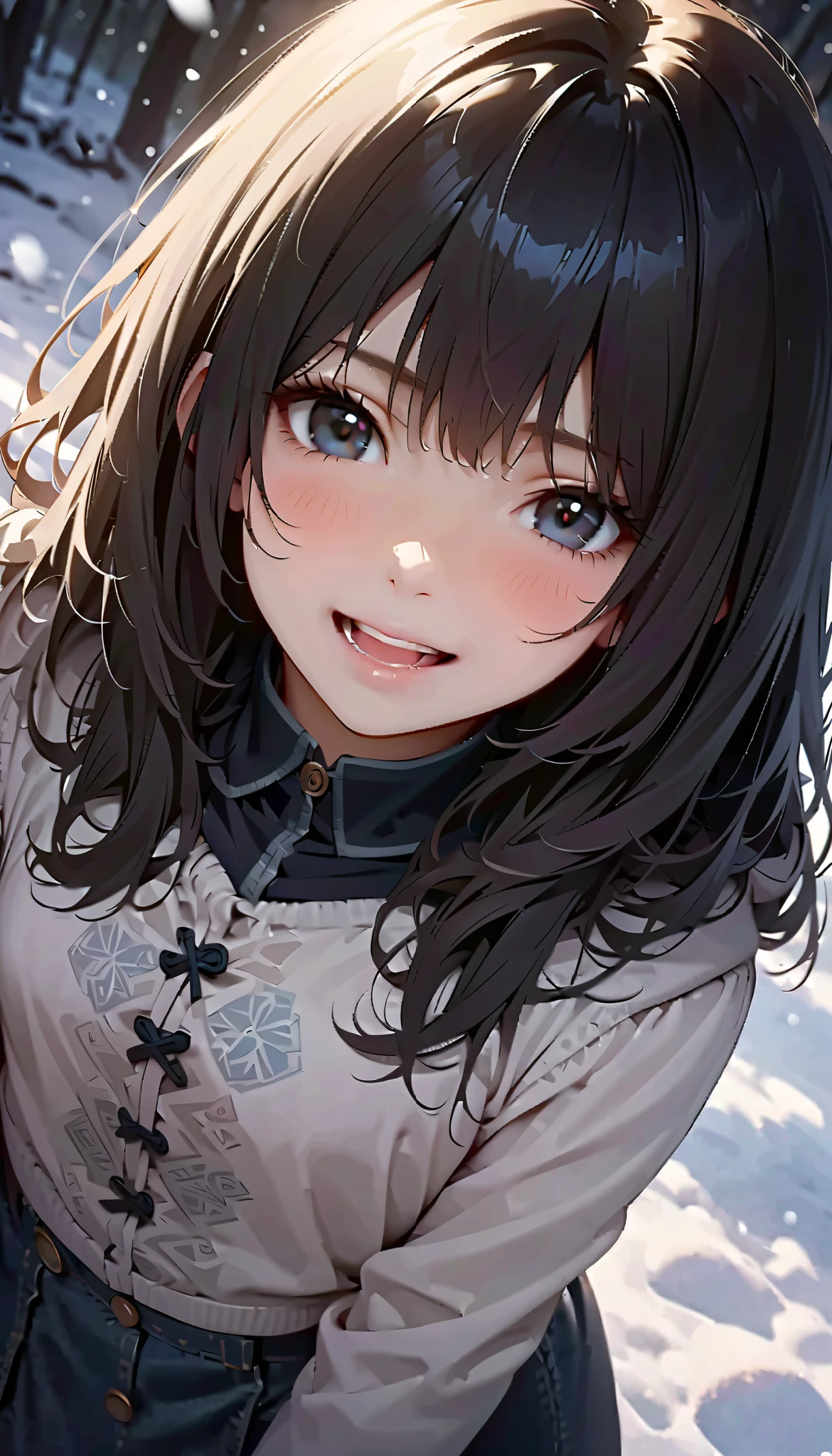 ( best quality :1.2, very detailed, Latest, lively, Masterpiece :1.2, best quality , Aesthetics at its best) , Face Up Shot, ((( very detailed目と顔))), Official Art, 8k Ultra HD, very detailed, Delicate and dynamic, blurred background , Hiku Snow Scenery , there's snow on the ground, it's snowing, Falling Snow, winter, The World of Silver, Diffuse reflection of light, is dazzling, one woman, 2.5D, smile, black eyes, black hair, short, pees on a very young , flat chest, Fluffy winter clothes, Get excited, dynamic pose, dynamic angle, Realistic, her breath is white