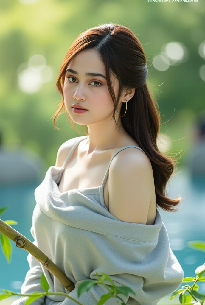 1girl,bamboo,bare shoulders,blurry background,branch,,,collarbone,dappled sunlight,day,depth of field,earrings,hoop earrings,pool,Gradient hair,Sitting posture,Sitting by the pool,jewelry,leaf,long hair,looking at viewer,nature,off-shoulder sweater,off shoulder,outdoors,parted lips,plant,sitting,solo,sweater,tree,best quality,official masterpiece,16k,details,ultra high definition,