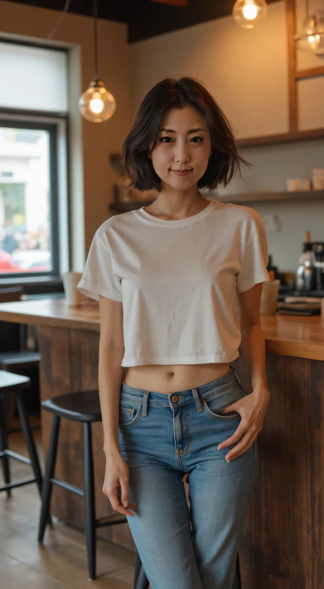 Japanese woman、40 years old、A few wrinkles on the face、 body that makes you feel old、 Skinny Body 、 very small breasts on toilet bowl、Wear a t-shirt and jeans showing your stomach 、 order coffee by crossing legs at a stylish cafe、 will brush up his hair、 very short hair
