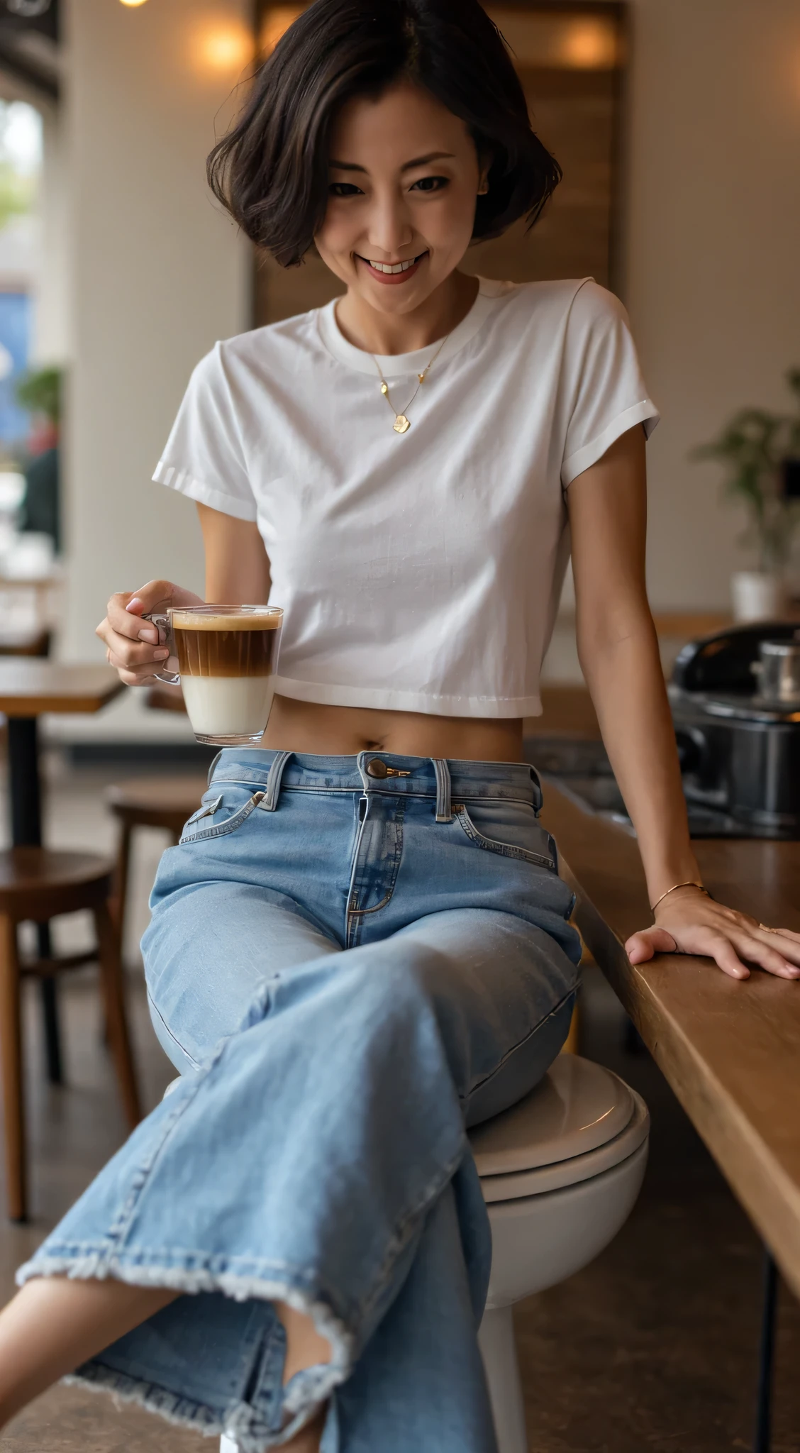 Japanese woman、40 years old、A few wrinkles on the face、 body that makes you feel old、 Skinny Body 、 very small breasts on toilet bowl、Wear a t-shirt and jeans showing your stomach 、 order coffee by crossing legs at a stylish cafe、 will brush up his hair、 very short hair