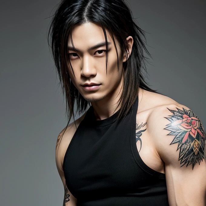1 man, Japanese man, male, Asian eyes, muscular, broad shoulders, yakuza tattoos, hairstyle Visual Kei style, hair Visual Kei, black men's shirt and black pants, ultra detailed face, hyperrealistic, realistic representation, long hair, long hair, 30 years old, age 30 years, blonde hair