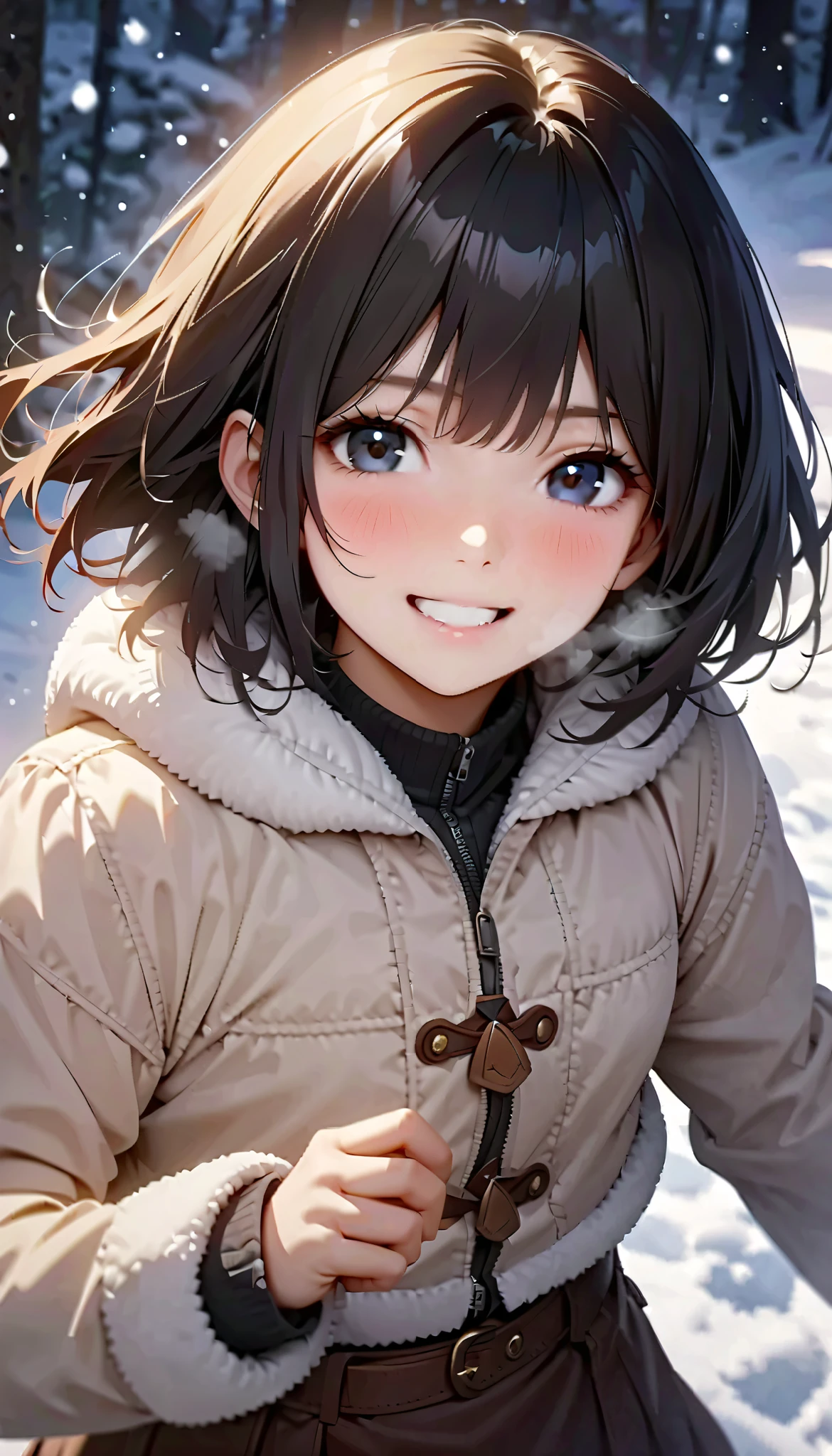 ( best quality :1.2, very detailed, Latest, lively, Masterpiece :1.2, best quality , Aesthetics at its best) , Face Up Shot, ((( very detailed目と顔))), Official Art, 8k Ultra HD, very detailed, Delicate and dynamic, blurred background , Hiku Snow Scenery , there's snow on the ground, it's snowing, Falling Snow, winter, The World of Silver, Diffuse reflection of light, is dazzling, one woman, 2.5D, smile, black eyes, black hair, short, pees on a very young , flat chest, Fluffy winter clothes, Get excited, dynamic pose, dynamic angle, Realistic, her breath is white