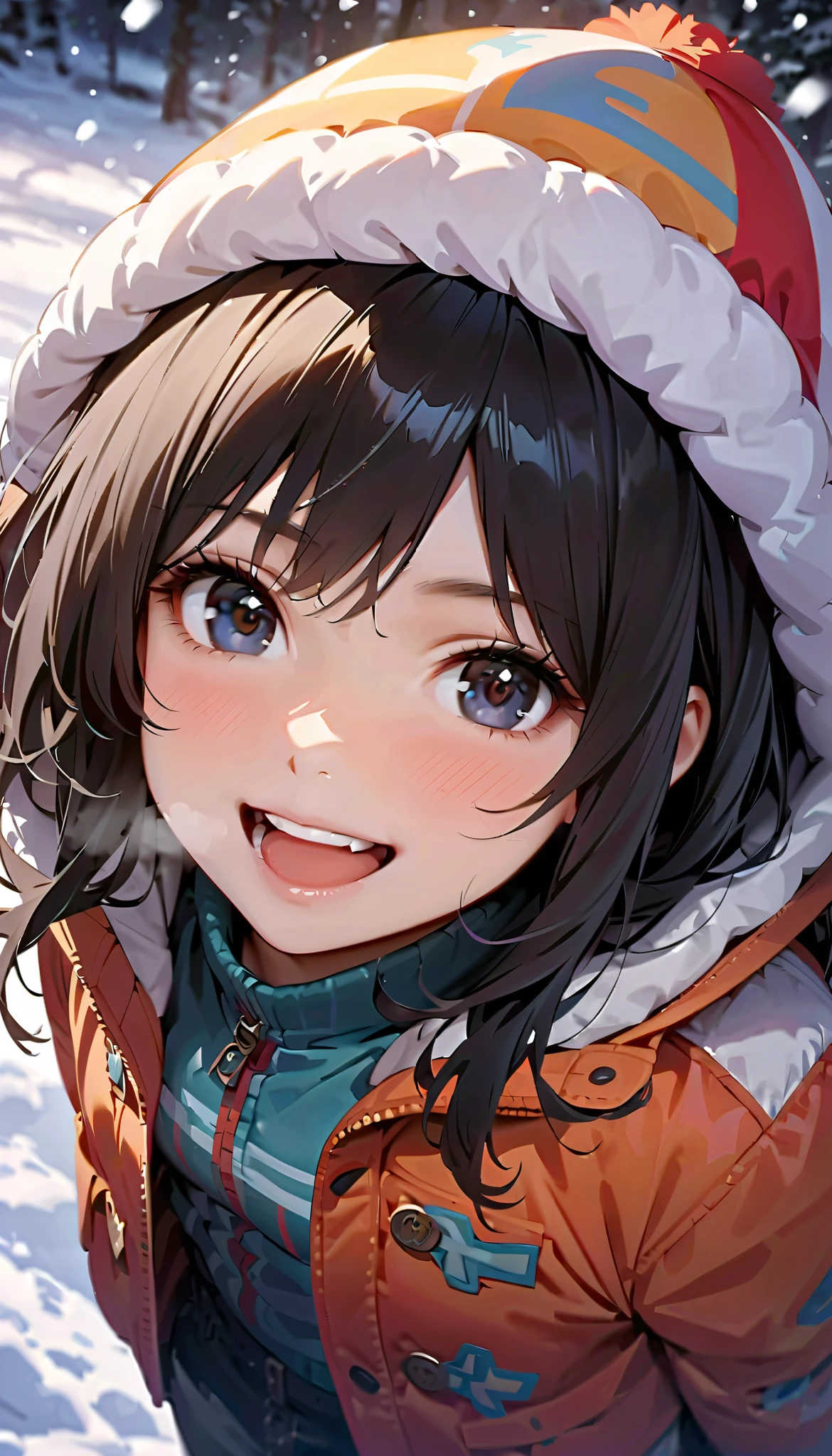 ( best quality :1.2, very detailed, Latest, lively, Masterpiece :1.2, best quality , Aesthetics at its best) , Face Up Shot, ((( very detailed目と顔))), Official Art, 8k Ultra HD, very detailed, Delicate and dynamic, blurred background , Hiku Snow Scenery , there's snow on the ground, it's snowing, Falling Snow, winter, The World of Silver, Diffuse reflection of light, is dazzling, one woman, 2.5D, smile, black eyes, black hair, short, pees on a very young , flat chest, Fluffy winter clothes, Get excited, dynamic pose, dynamic angle, Realistic, her breath is white