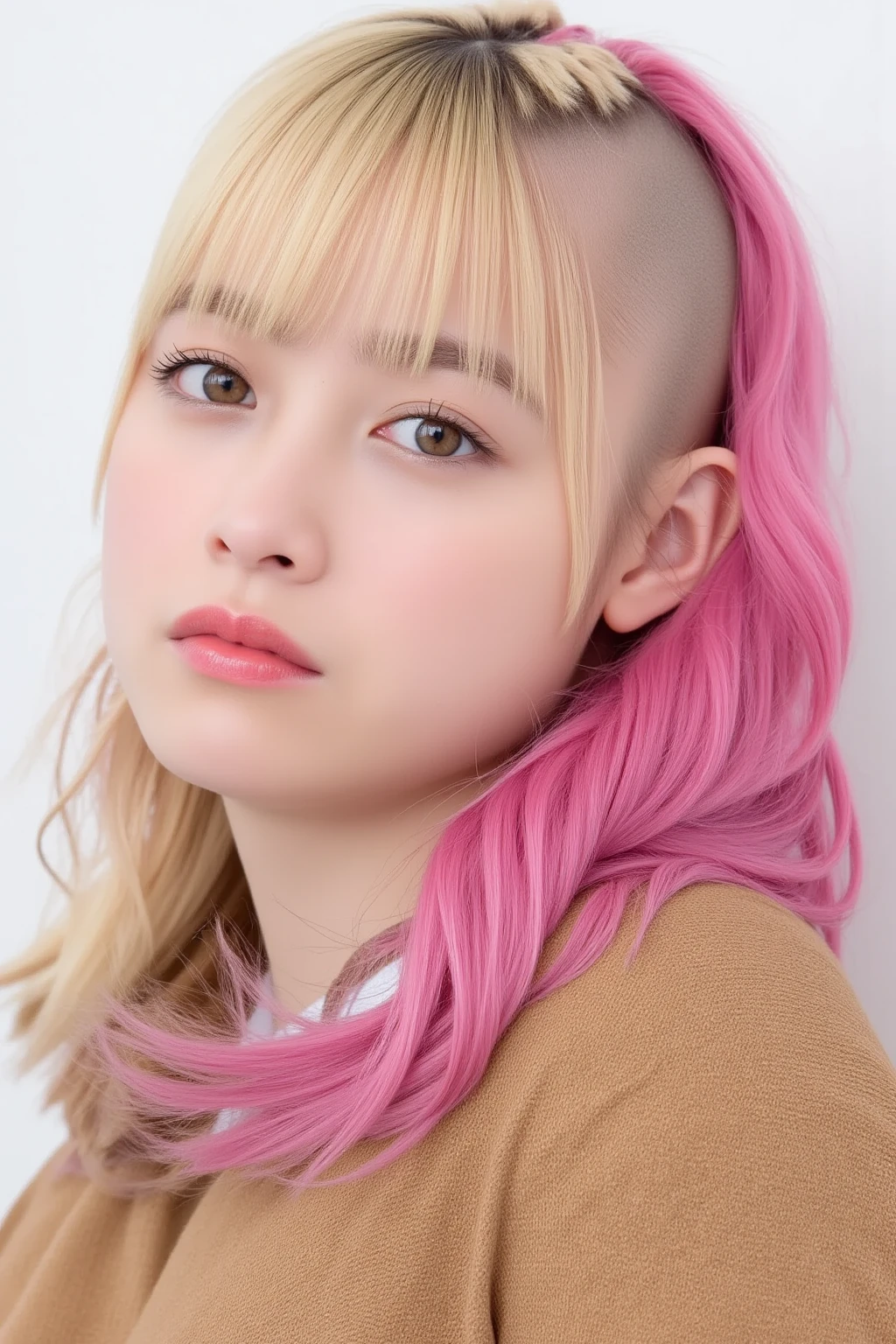 Cute adult girl put pink Yellow White Slime on her hair 