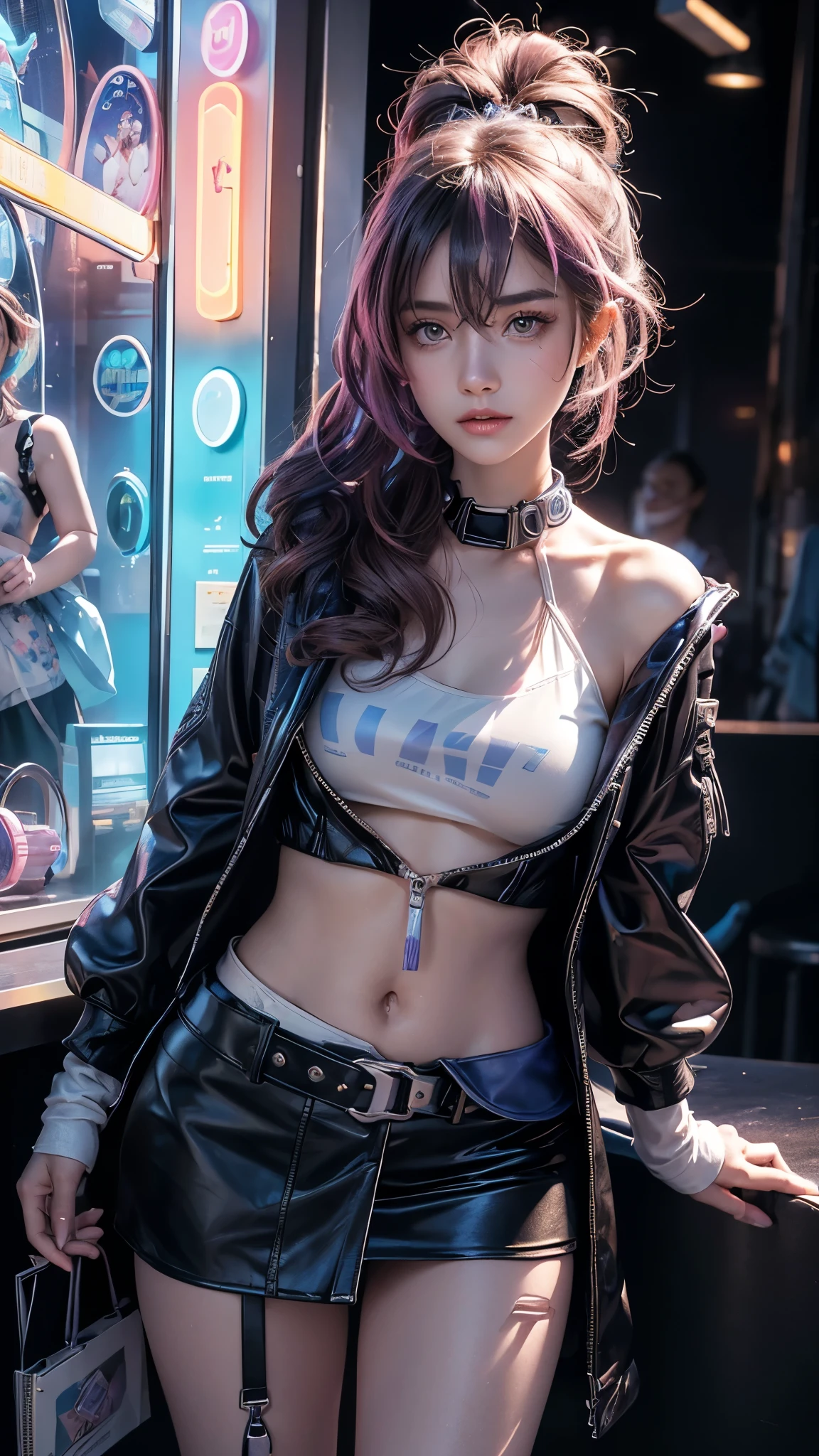 sfw, 8K, ultra hd, masterpiece, hd colors, 1 girl, perfect face, very long curly hair, detailed eyes, rockstar outfit, ((orange jacket)), ((thin vest)), short mini skirt, belt:1.5, stocking, ((criss-cross strips)), ((neon chain)), stars, bare shoulder, bare stomach, jwellery, Realistic club, lighting stage, (spot light:1.5), night club, decorated stage, bulbs, (colorful light:1.5), bloom lighting, foggy effect, sitting、 wearing bra,((skinny waist)), young asian girl, ((big breasted)),